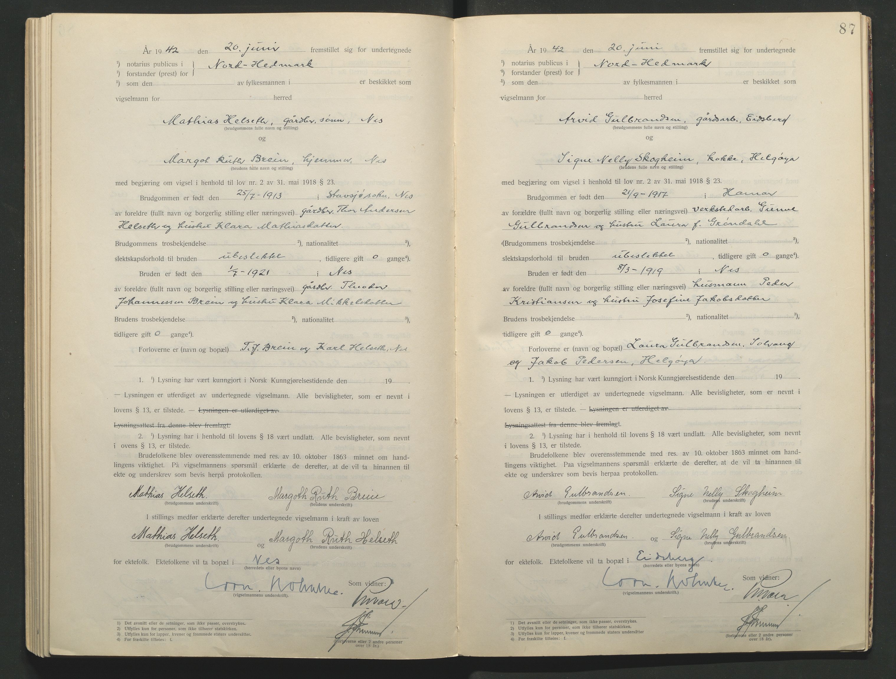 Nord-Hedmark sorenskriveri, AV/SAH-TING-012/L/Lc/L0001/0001: Vigselsprotokoller / Vigselsprotokoll, 1920-1942, p. 87