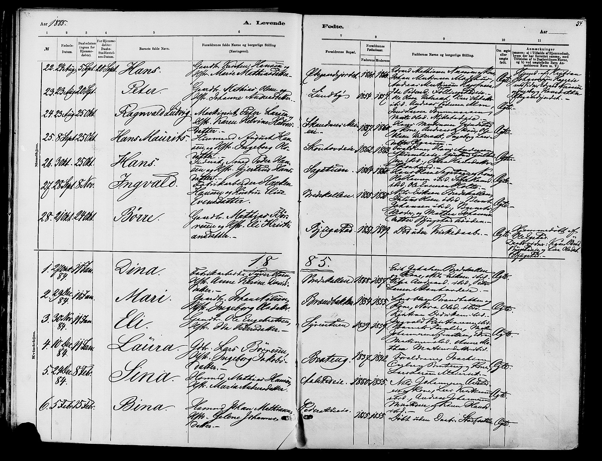 Vardal prestekontor, SAH/PREST-100/H/Ha/Haa/L0010: Parish register (official) no. 10, 1878-1893, p. 34