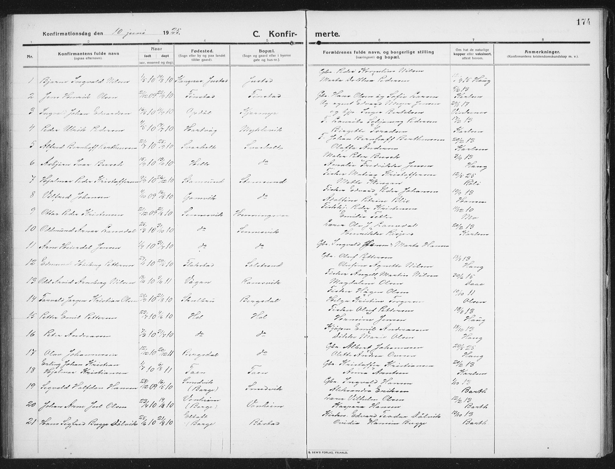 Ministerialprotokoller, klokkerbøker og fødselsregistre - Nordland, SAT/A-1459/882/L1183: Parish register (copy) no. 882C01, 1911-1938, p. 174