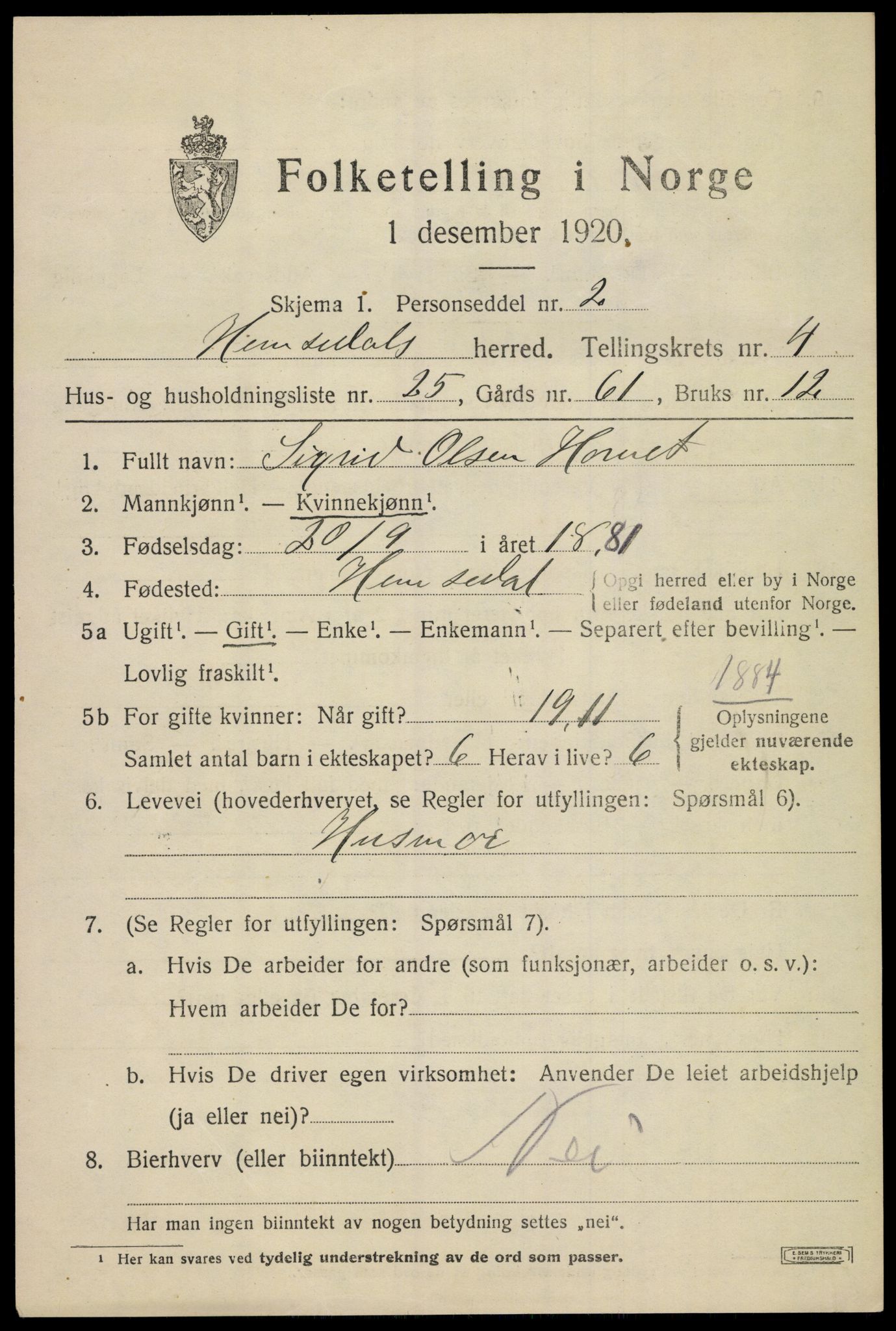 SAKO, 1920 census for Hemsedal, 1920, p. 1730