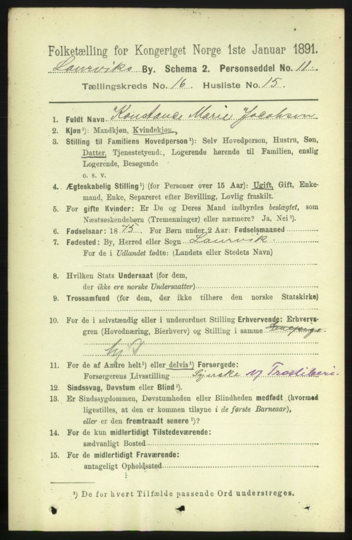 RA, 1891 census for 0707 Larvik, 1891, p. 11766