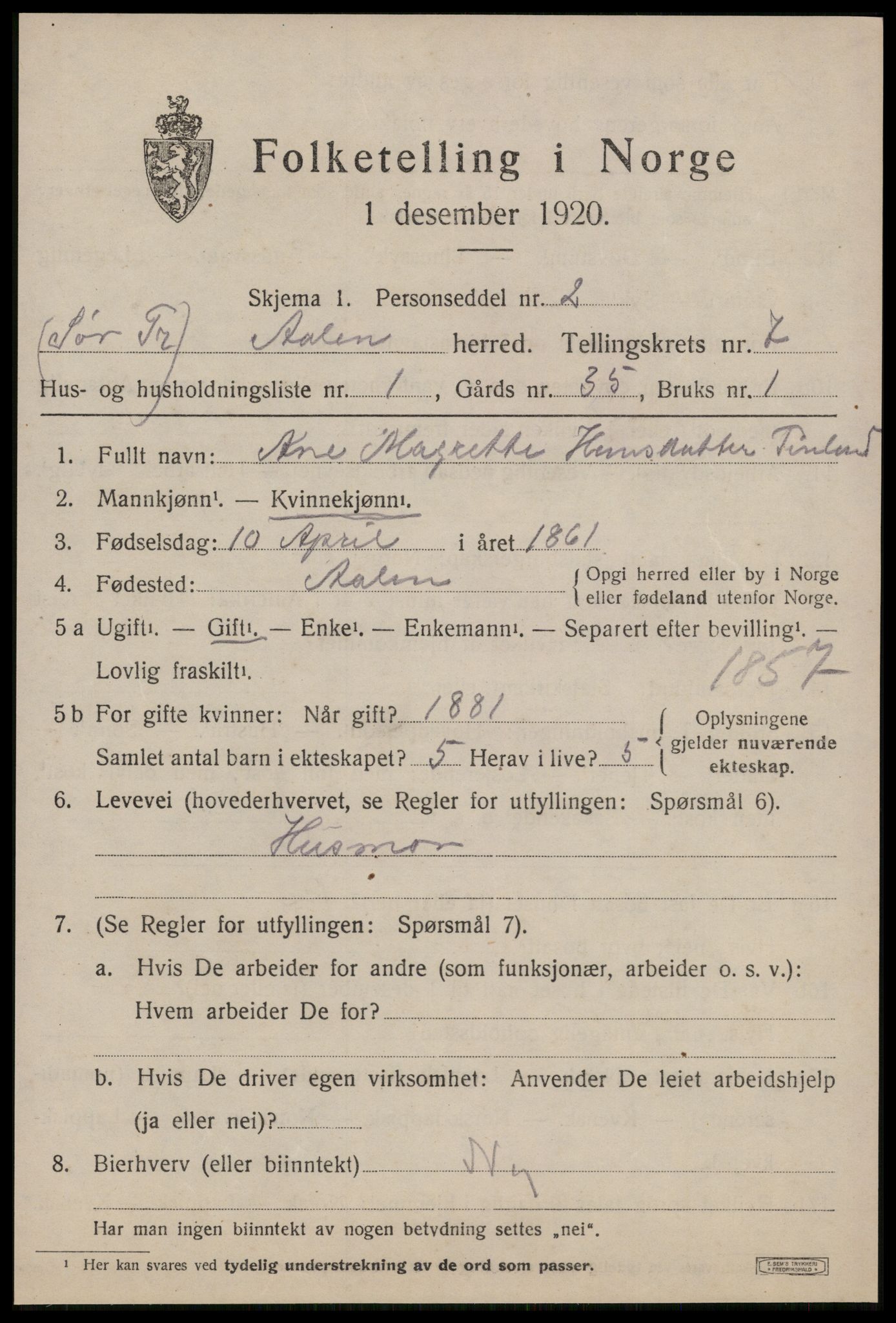 SAT, 1920 census for Ålen, 1920, p. 3370