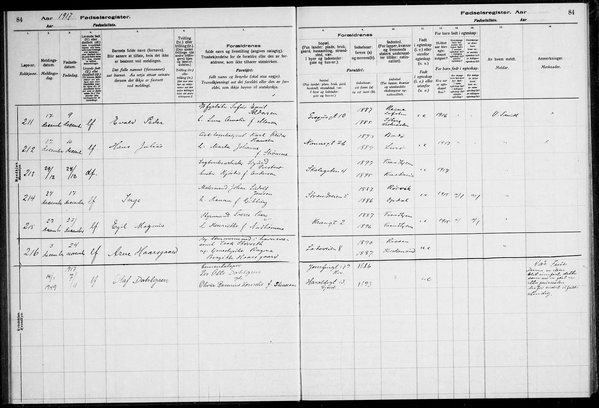 Ministerialprotokoller, klokkerbøker og fødselsregistre - Sør-Trøndelag, AV/SAT-A-1456/600/L0002: Birth register no. 600.II.4.1, 1916-1920, p. 84