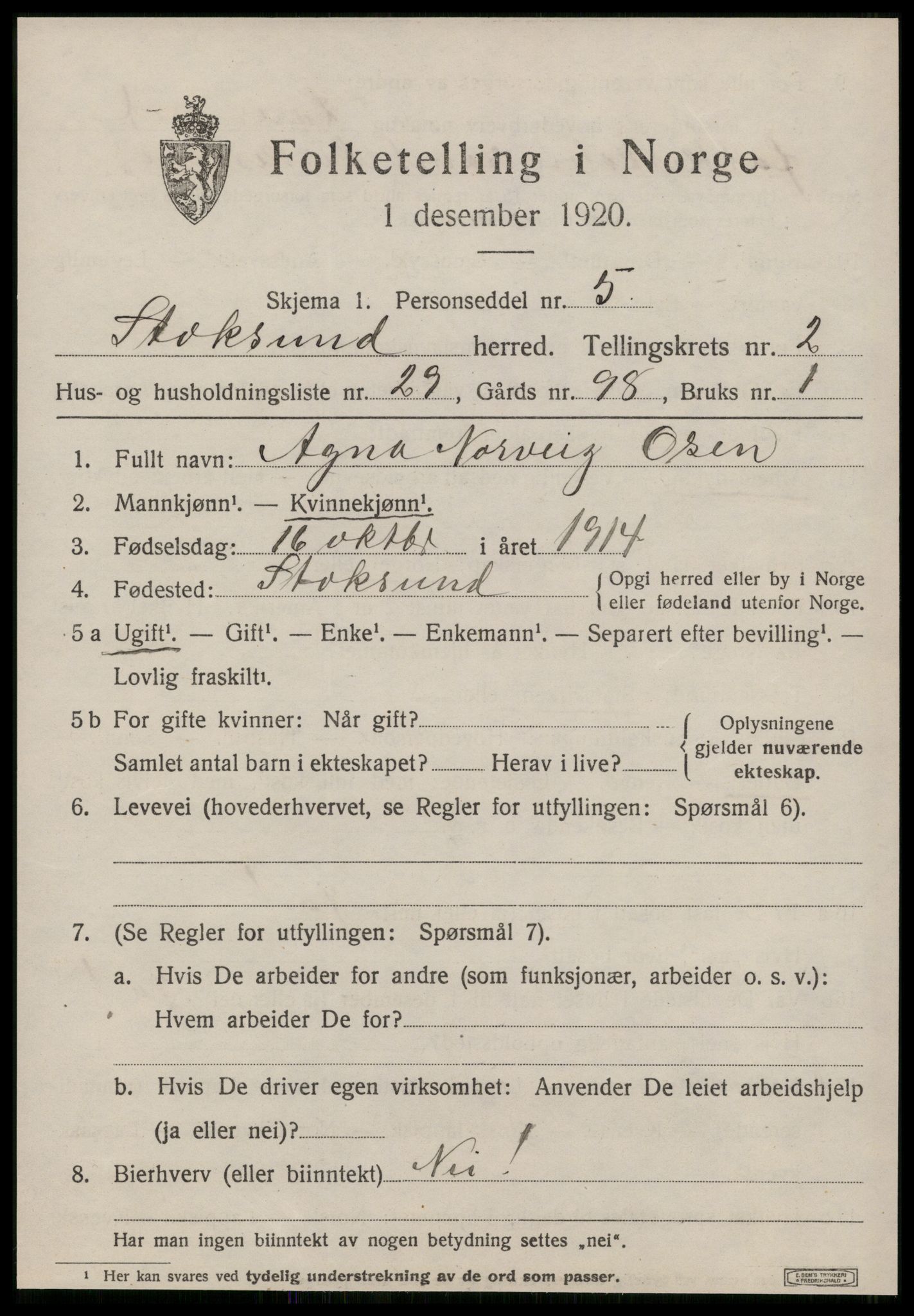 SAT, 1920 census for Stoksund, 1920, p. 1456