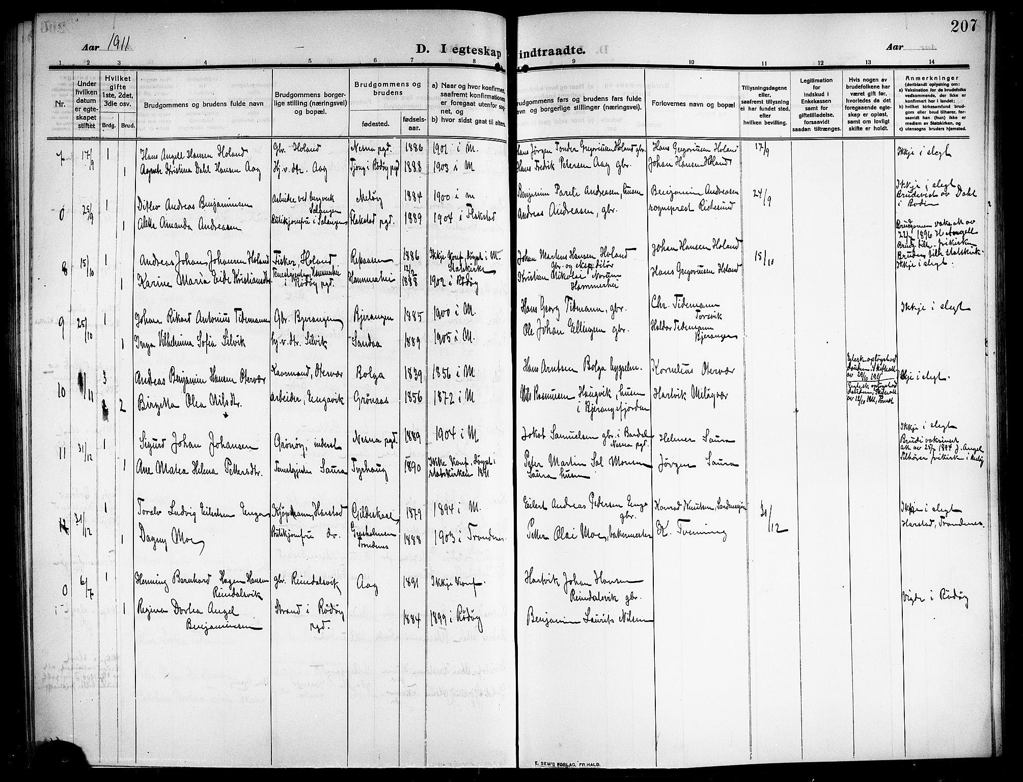 Ministerialprotokoller, klokkerbøker og fødselsregistre - Nordland, AV/SAT-A-1459/843/L0639: Parish register (copy) no. 843C08, 1908-1924, p. 207