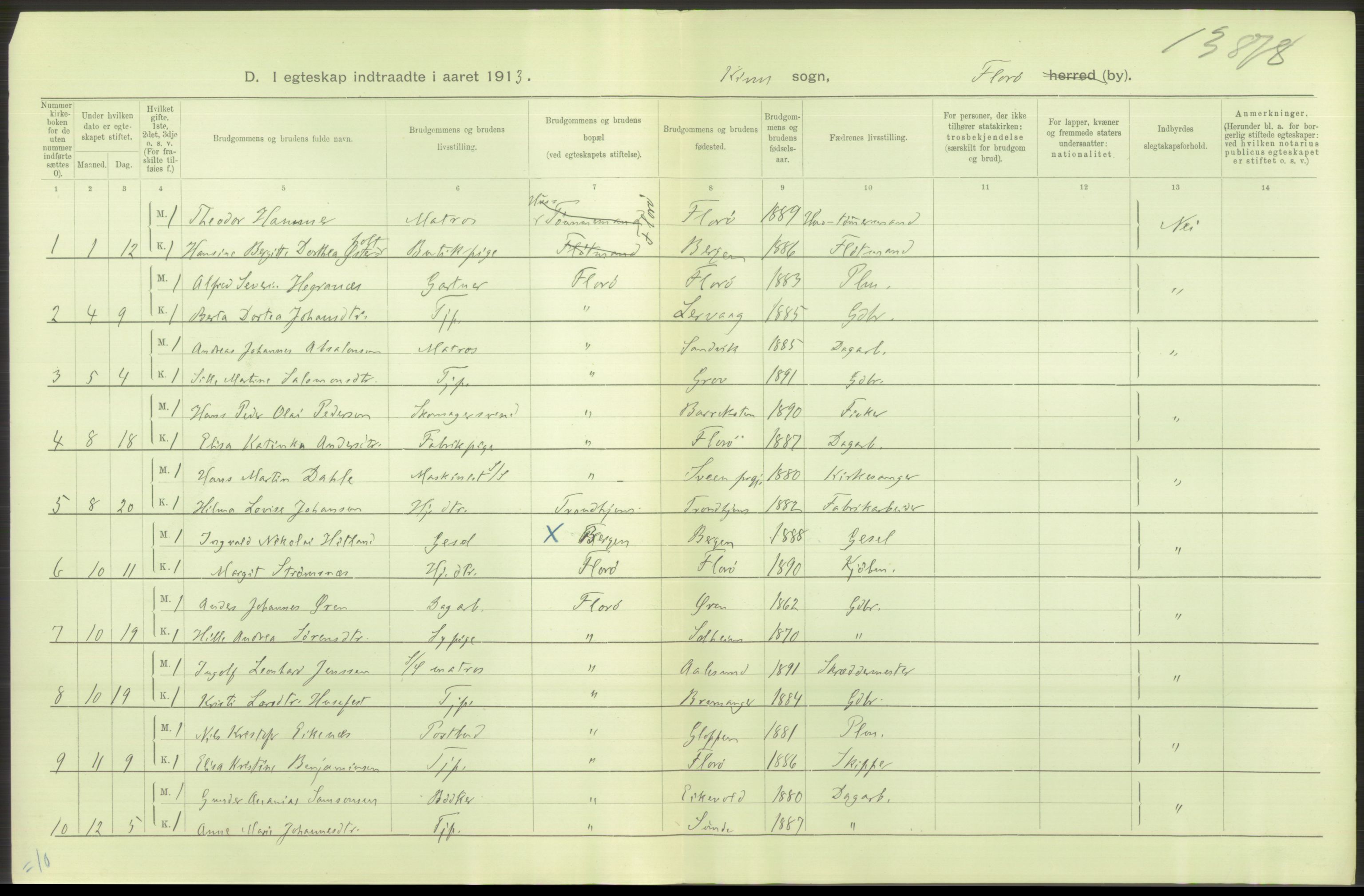 Statistisk sentralbyrå, Sosiodemografiske emner, Befolkning, AV/RA-S-2228/D/Df/Dfb/Dfbc/L0034: Florø by: Levendefødte menn og kvinner, gifte, døde, dødfødte., 1913, p. 16