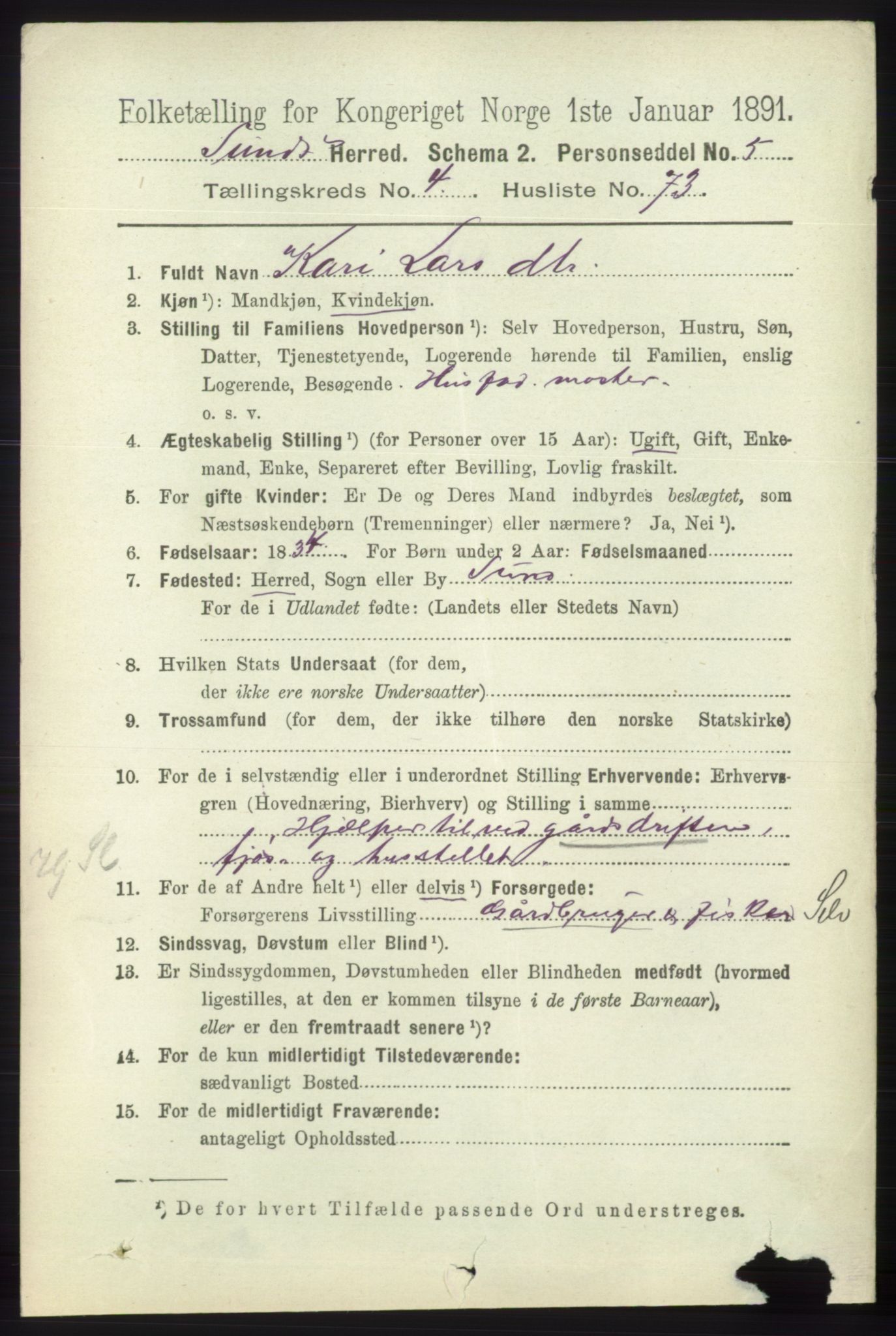 RA, 1891 census for 1245 Sund, 1891, p. 2324