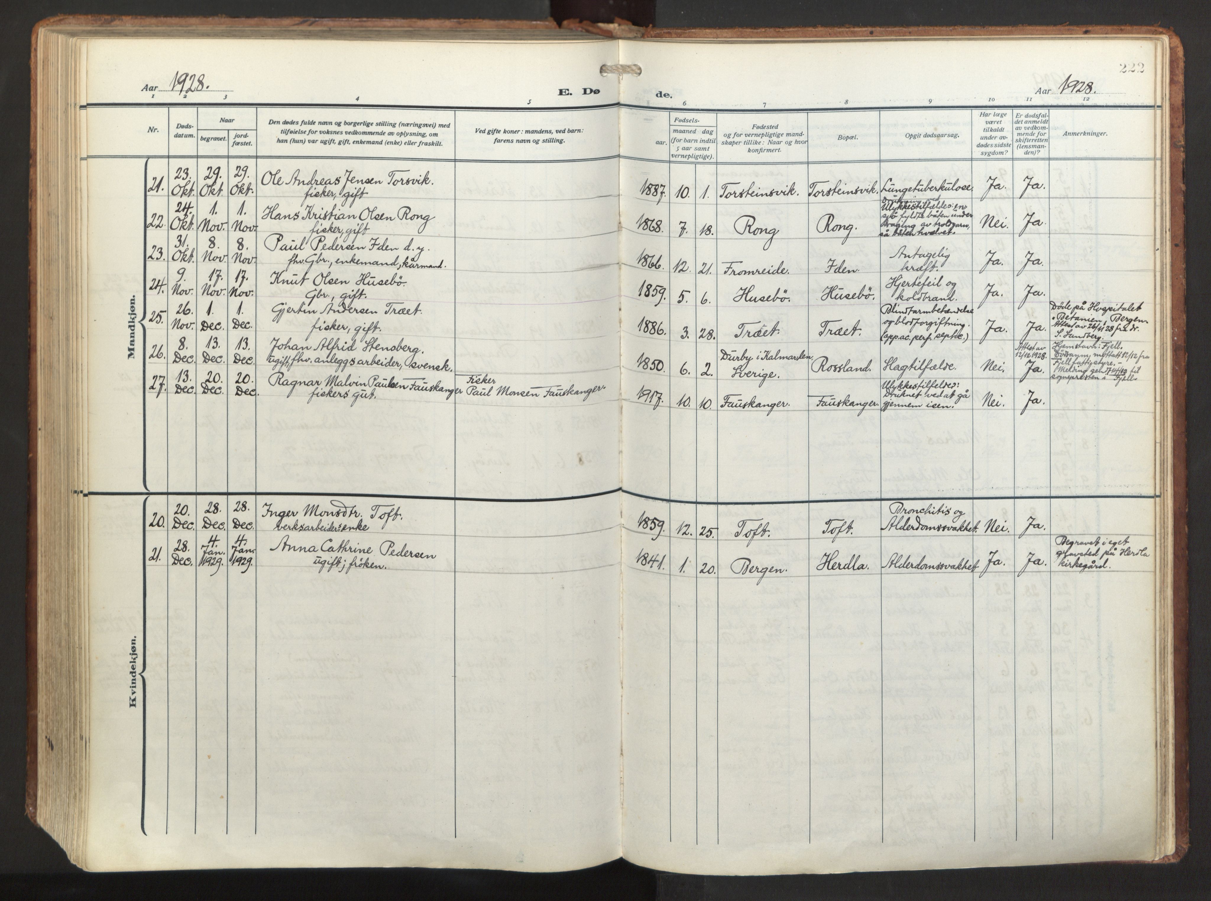 Herdla Sokneprestembete, AV/SAB-A-75701/H/Haa: Parish register (official) no. A 6, 1918-1933, p. 222