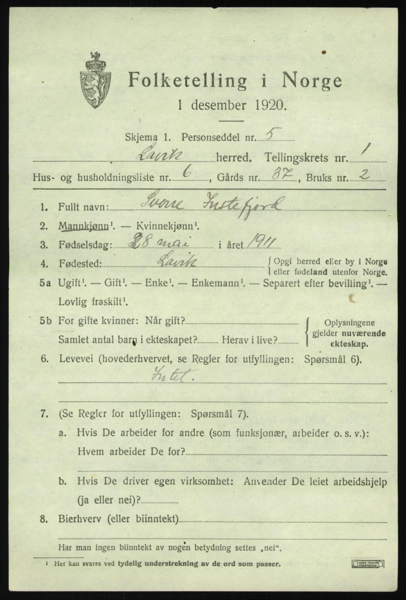 SAB, 1920 census for Lavik, 1920, p. 470
