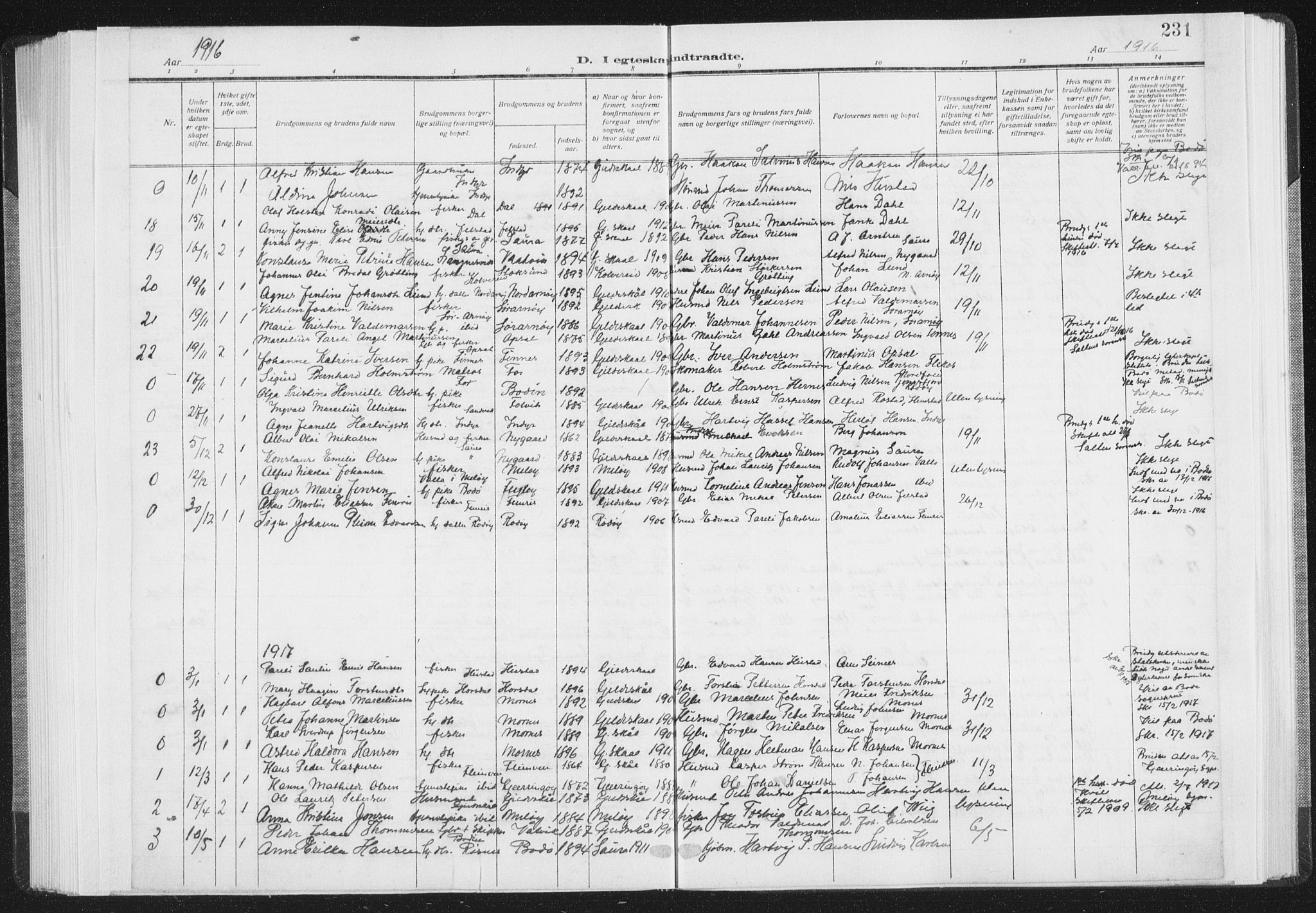 Ministerialprotokoller, klokkerbøker og fødselsregistre - Nordland, AV/SAT-A-1459/805/L0104: Parish register (official) no. 805A09, 1909-1926, p. 231