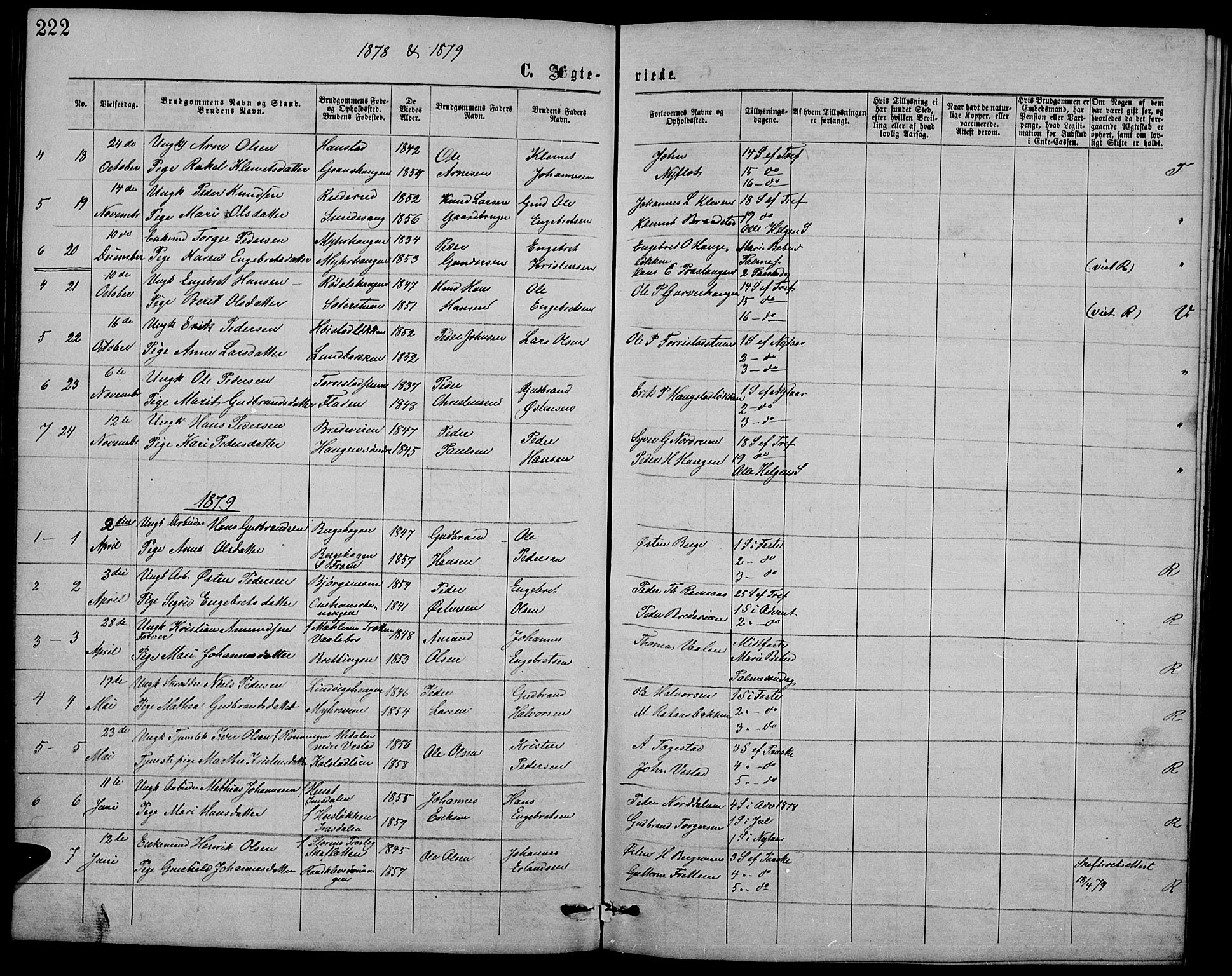Ringebu prestekontor, SAH/PREST-082/H/Ha/Hab/L0004: Parish register (copy) no. 4, 1867-1879, p. 222