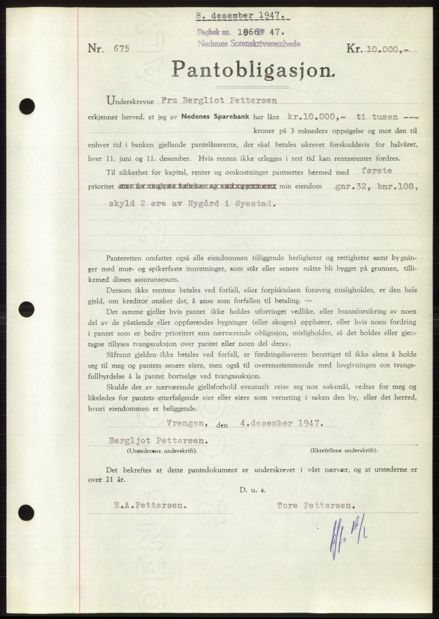 Nedenes sorenskriveri, AV/SAK-1221-0006/G/Gb/Gbb/L0004: Mortgage book no. B4, 1947-1947, Diary no: : 1866/1947