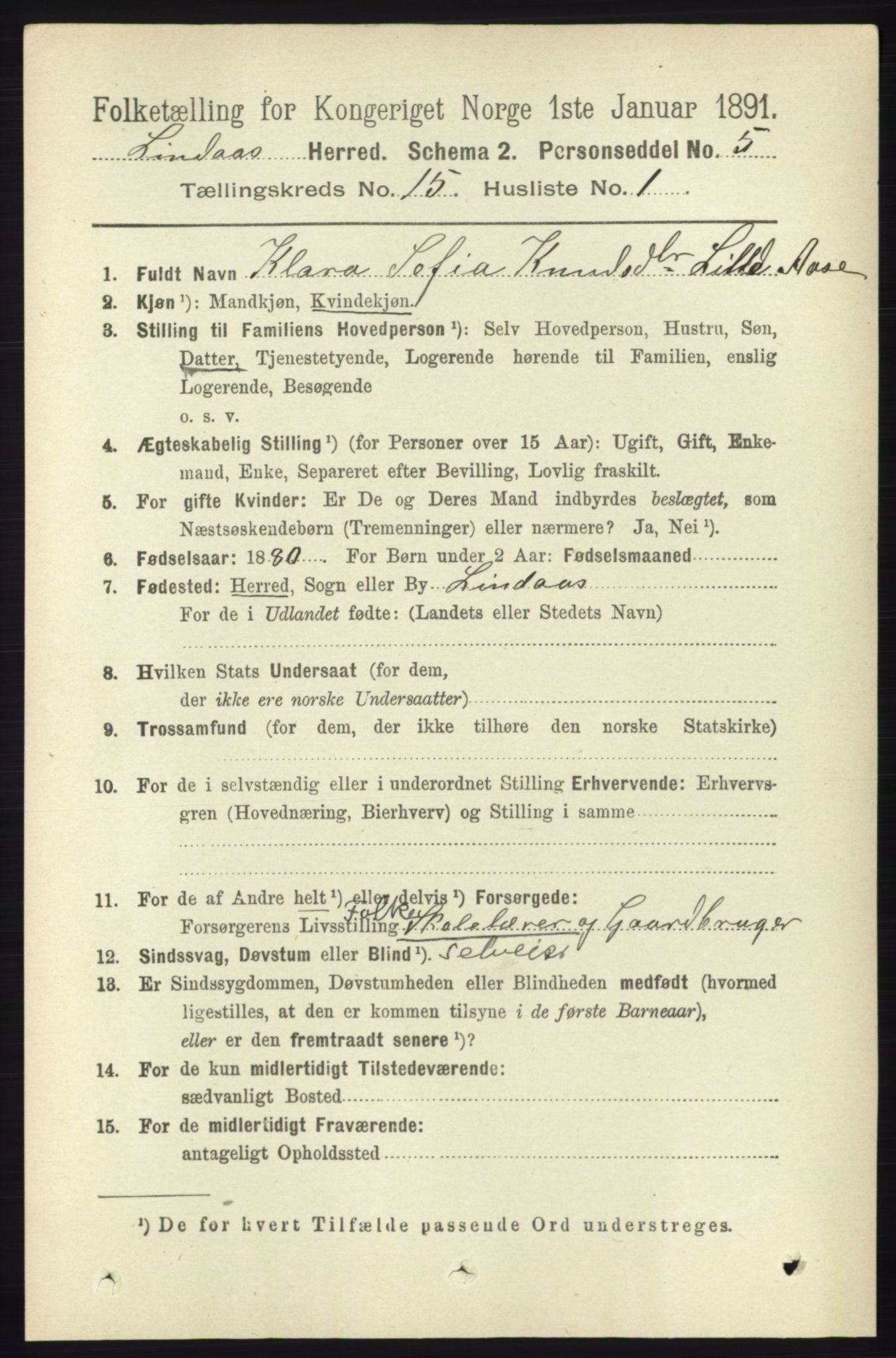 RA, 1891 census for 1263 Lindås, 1891, p. 5279