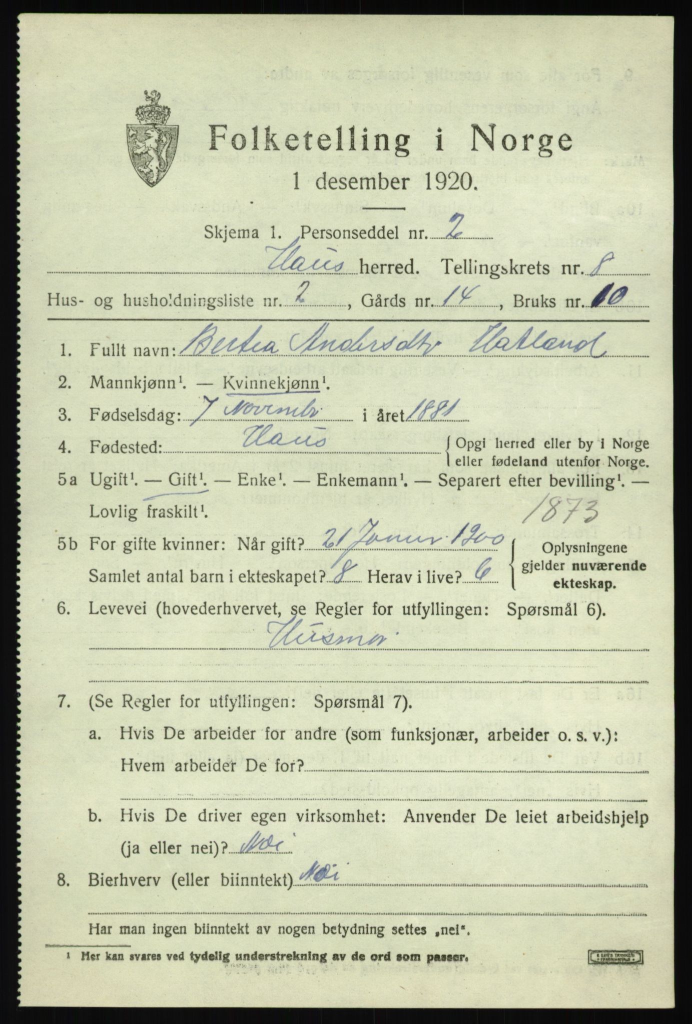 SAB, 1920 census for Haus, 1920, p. 4685