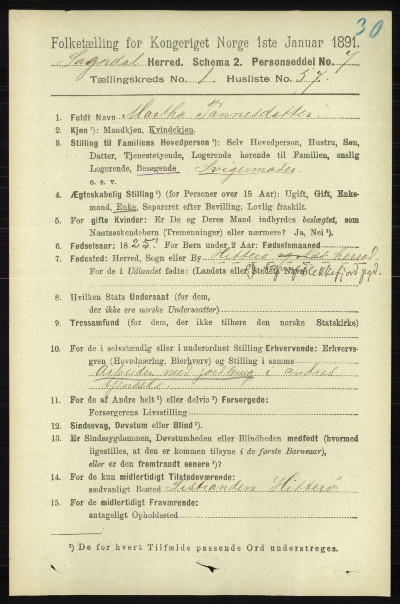 RA, 1891 census for 1111 Sokndal, 1891, p. 421