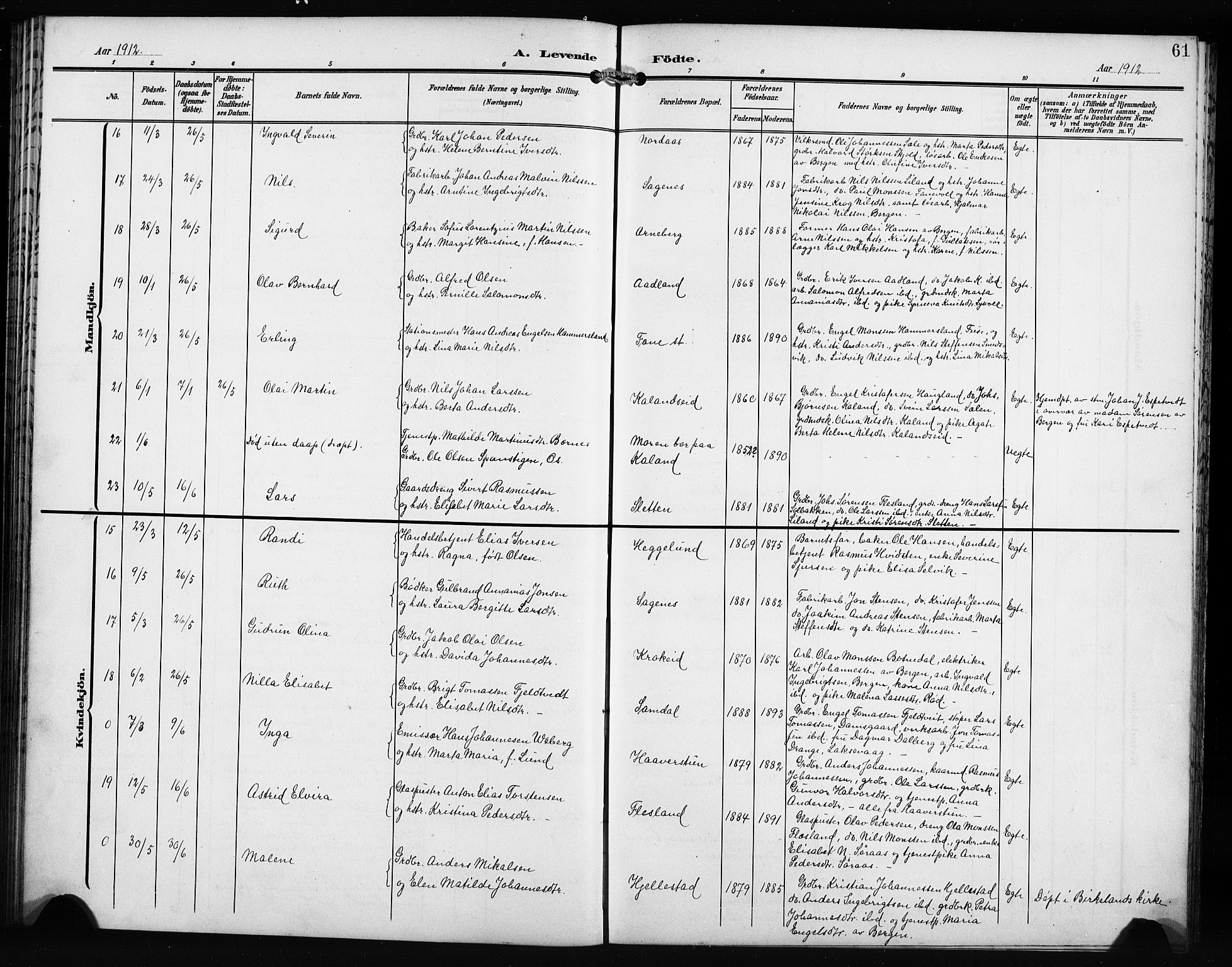 Fana Sokneprestembete, AV/SAB-A-75101/H/Hab/Haba/L0004: Parish register (copy) no. A 4, 1902-1912, p. 61