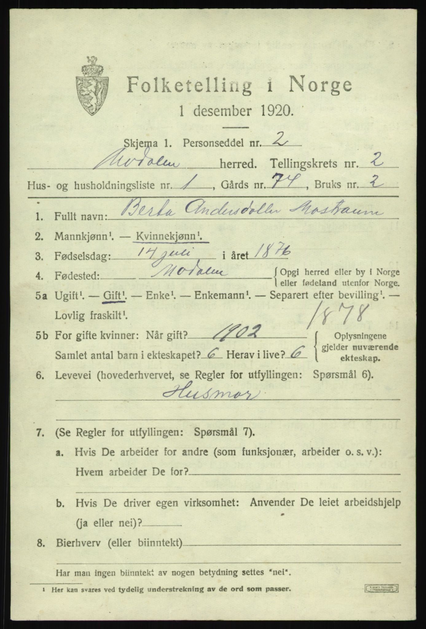 SAB, 1920 census for Modalen, 1920, p. 324