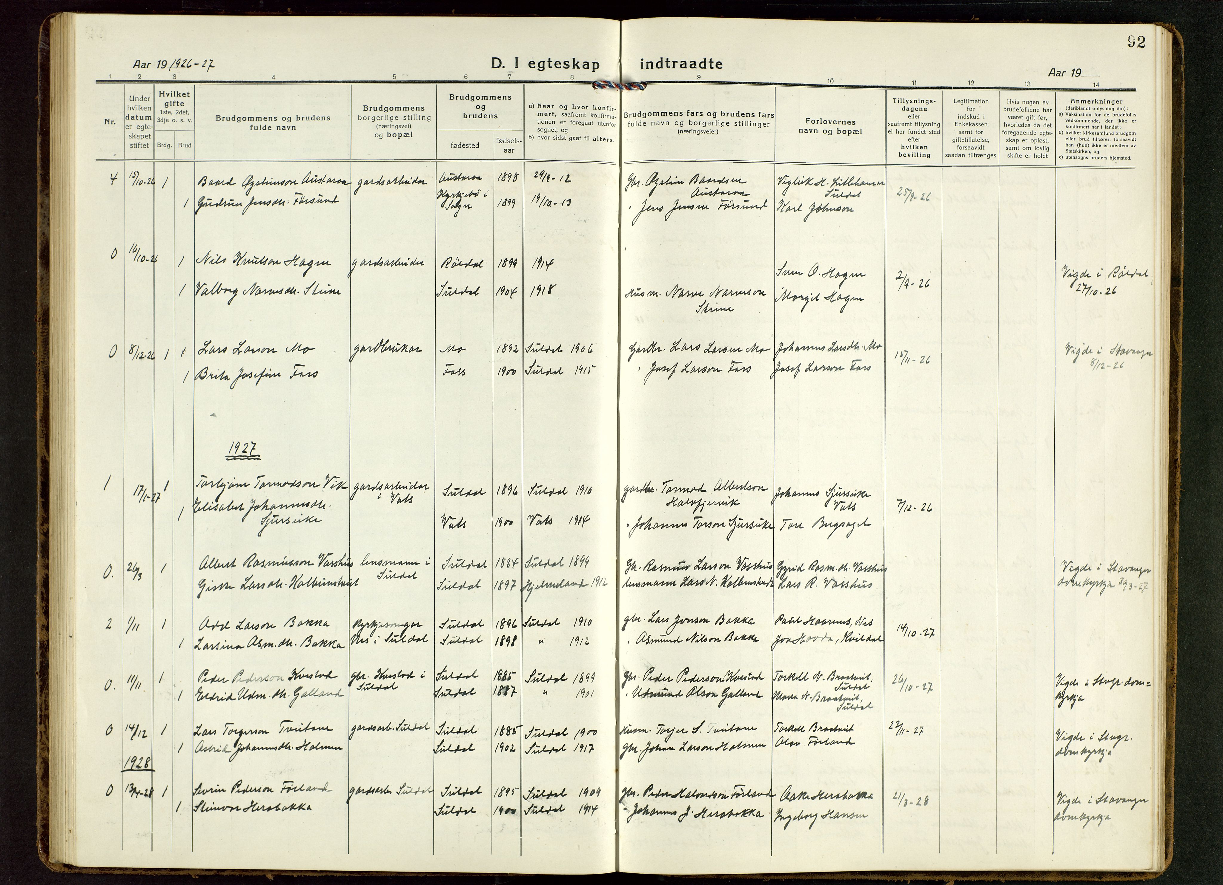 Suldal sokneprestkontor, AV/SAST-A-101845/01/V/L0007: Parish register (copy) no. B 7, 1917-1946, p. 92