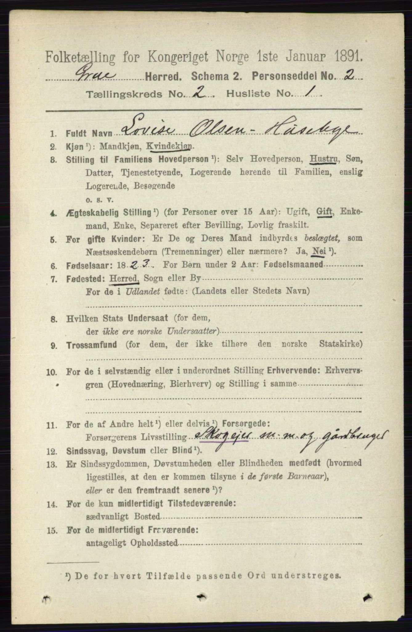 RA, 1891 census for 0423 Grue, 1891, p. 1073