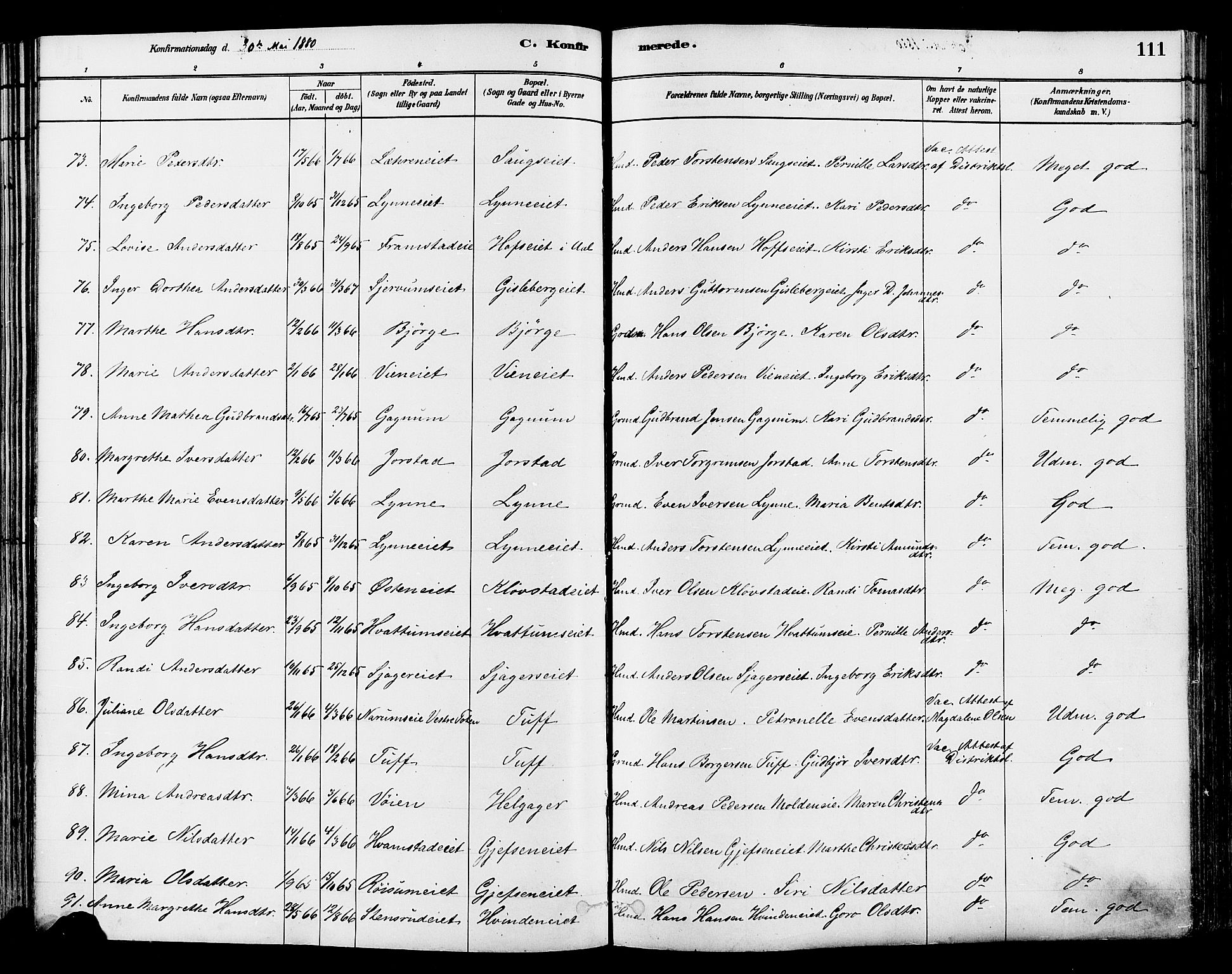 Gran prestekontor, AV/SAH-PREST-112/H/Ha/Haa/L0014: Parish register (official) no. 14, 1880-1889, p. 111