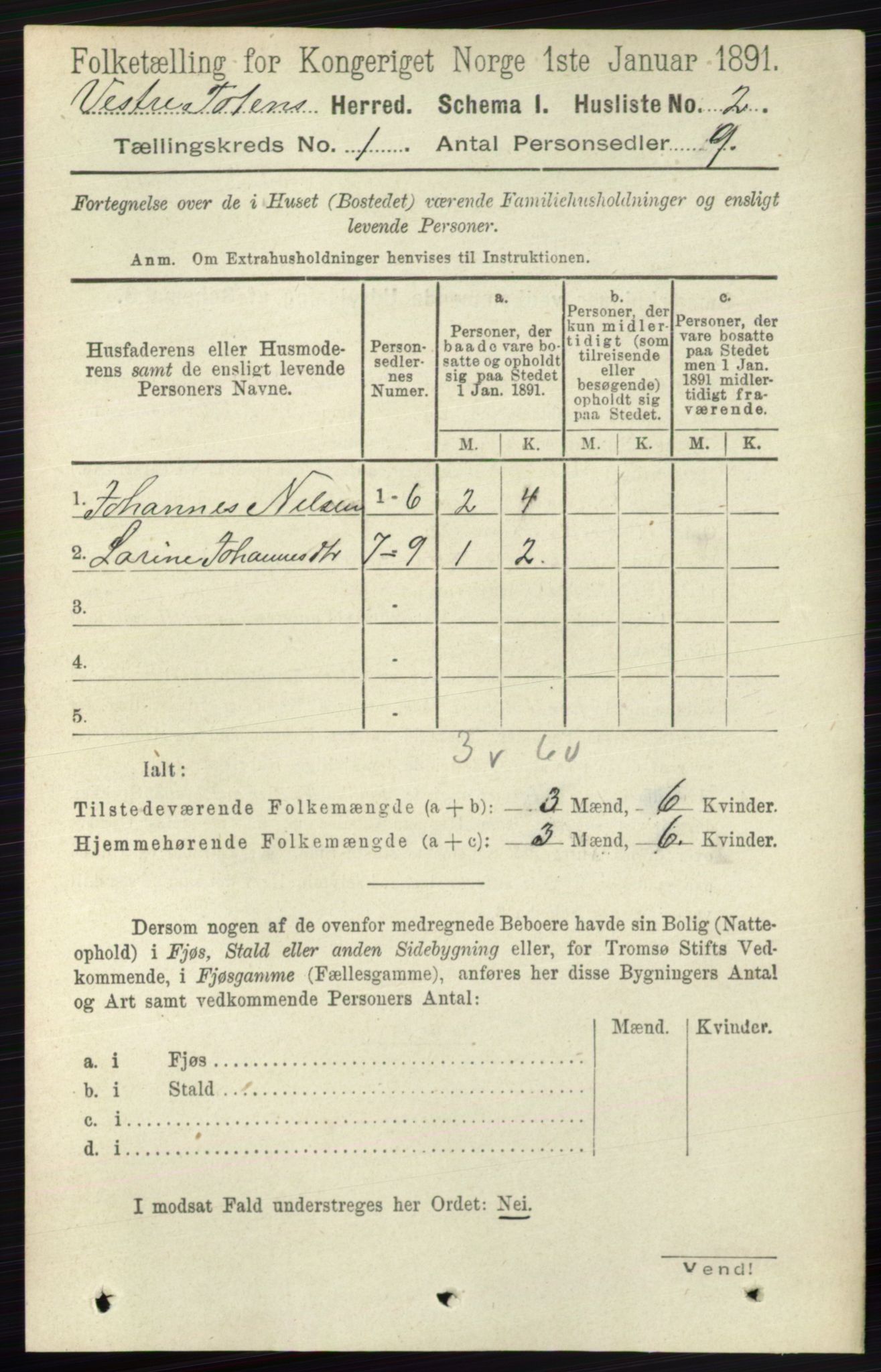 RA, 1891 census for 0529 Vestre Toten, 1891, p. 44