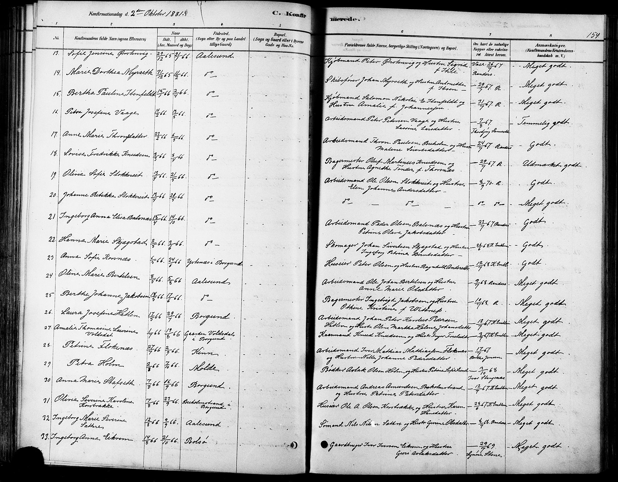 Ministerialprotokoller, klokkerbøker og fødselsregistre - Møre og Romsdal, AV/SAT-A-1454/529/L0454: Parish register (official) no. 529A04, 1878-1885, p. 154