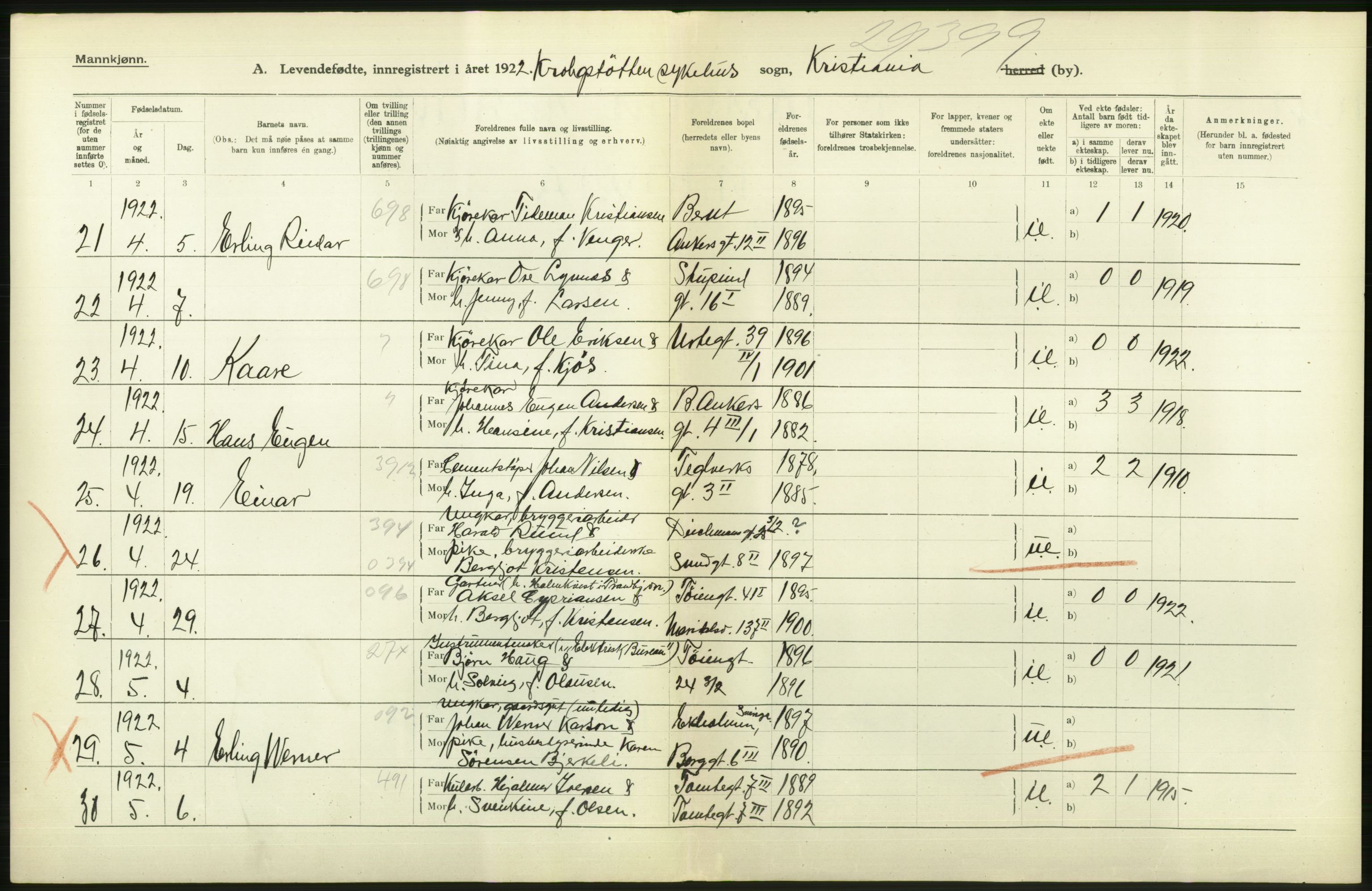 Statistisk sentralbyrå, Sosiodemografiske emner, Befolkning, AV/RA-S-2228/D/Df/Dfc/Dfcb/L0007: Kristiania: Levendefødte menn og kvinner., 1922, p. 184