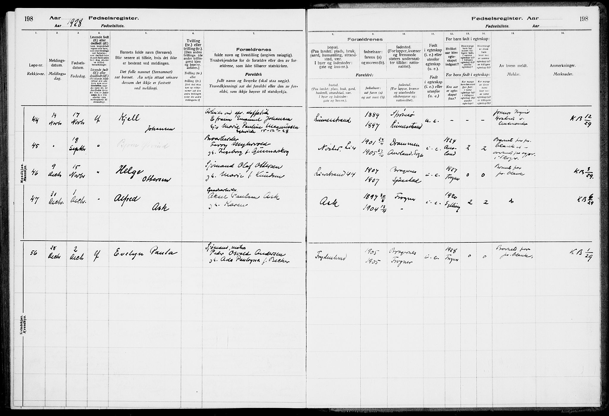 Lier kirkebøker, AV/SAKO-A-230/J/Ja/L0001: Birth register no. 1, 1916-1928, p. 198