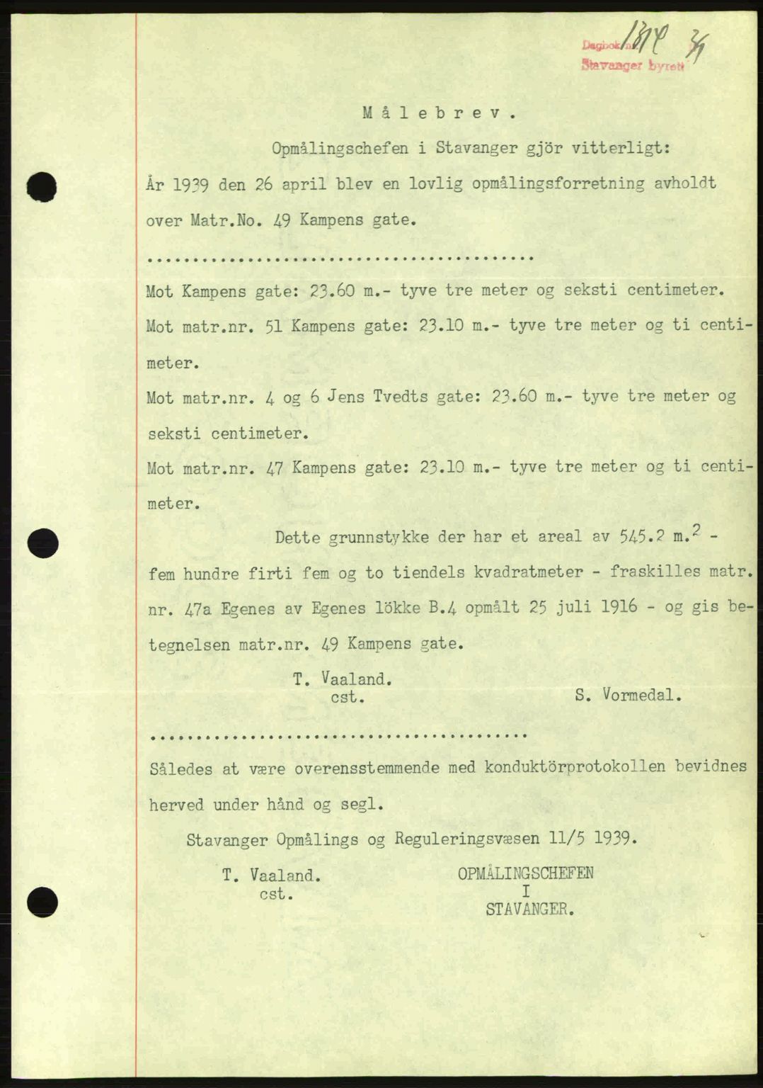 Stavanger byrett, SAST/A-100455/002/G/Gb/L0014: Mortgage book no. A4, 1938-1939, Diary no: : 1317/1939