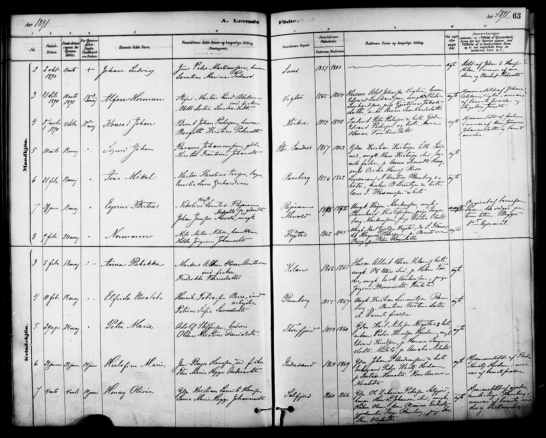 Ministerialprotokoller, klokkerbøker og fødselsregistre - Nordland, AV/SAT-A-1459/885/L1204: Parish register (official) no. 885A05, 1878-1892, p. 63
