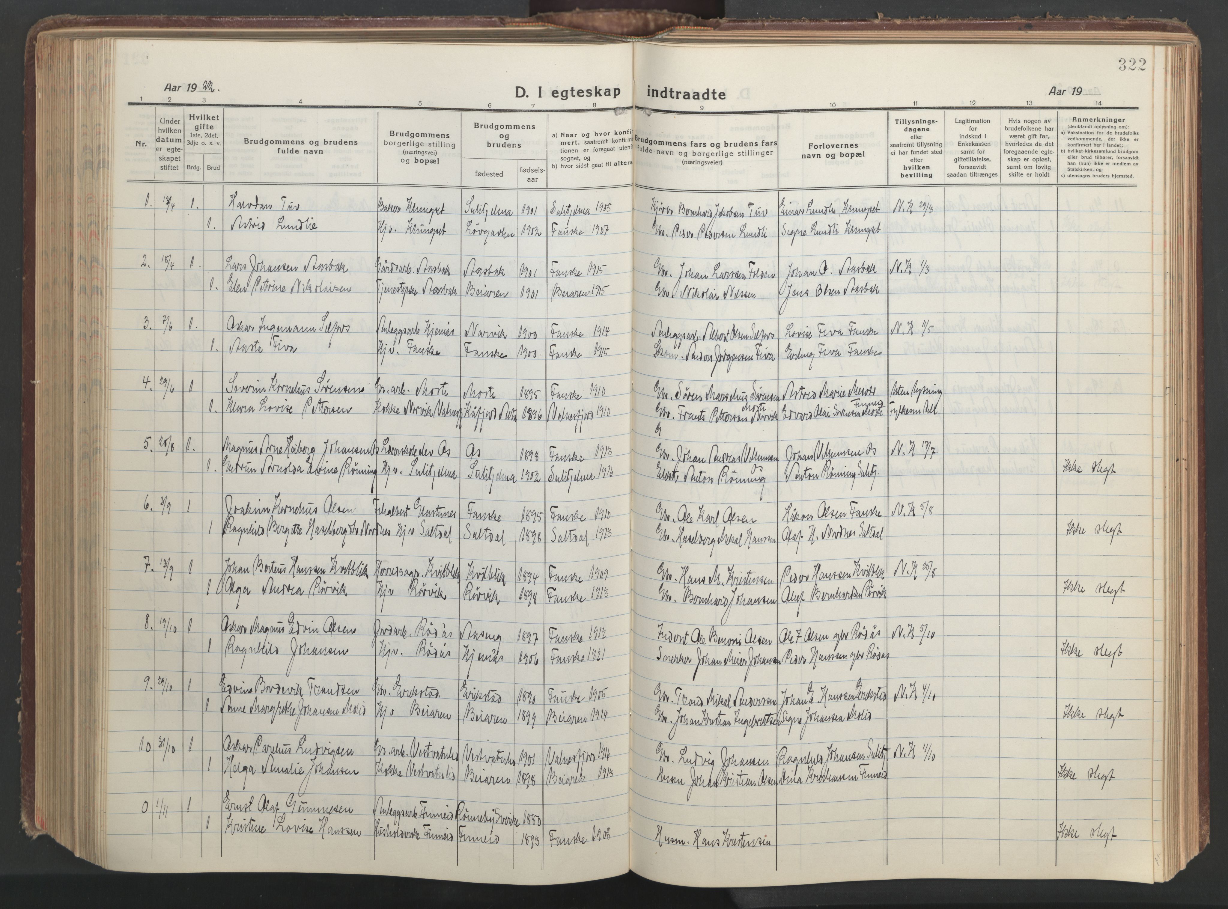 Ministerialprotokoller, klokkerbøker og fødselsregistre - Nordland, AV/SAT-A-1459/849/L0700: Parish register (copy) no. 849C01, 1919-1946, p. 322