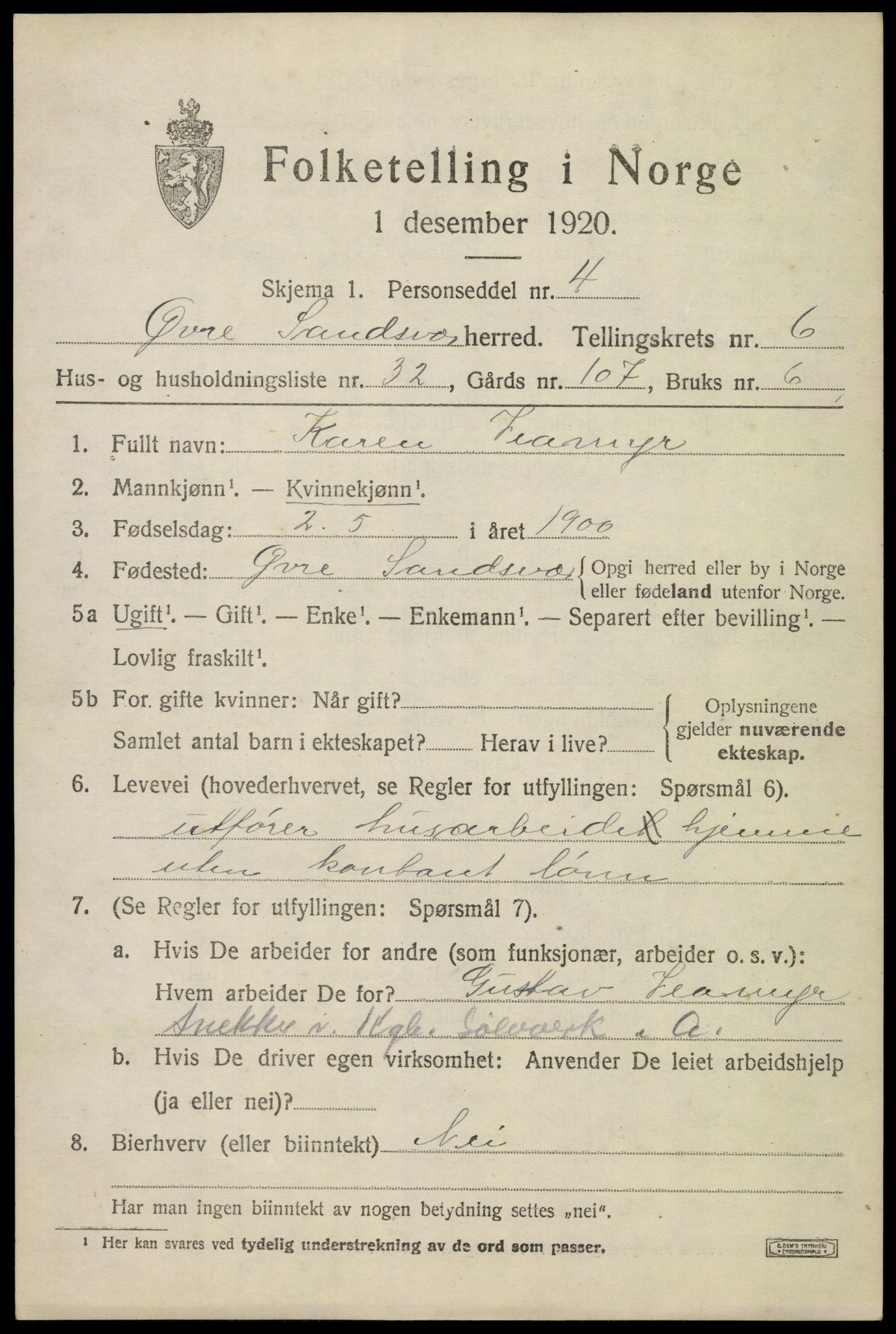 SAKO, 1920 census for Øvre Sandsvær, 1920, p. 3718