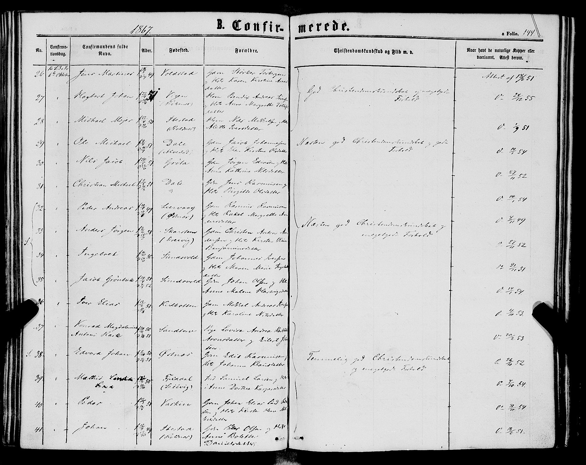 Trondenes sokneprestkontor, AV/SATØ-S-1319/H/Ha/L0012kirke: Parish register (official) no. 12, 1863-1870, p. 144