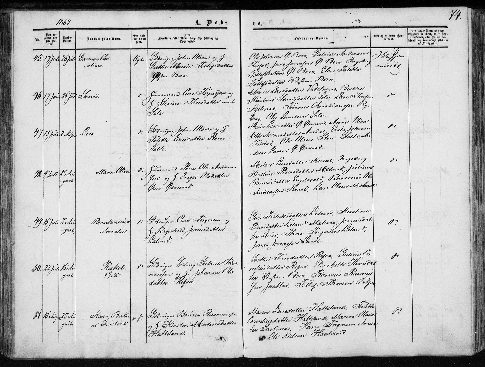 Klepp sokneprestkontor, SAST/A-101803/001/3/30BA/L0005: Parish register (official) no. A 5, 1853-1870, p. 74