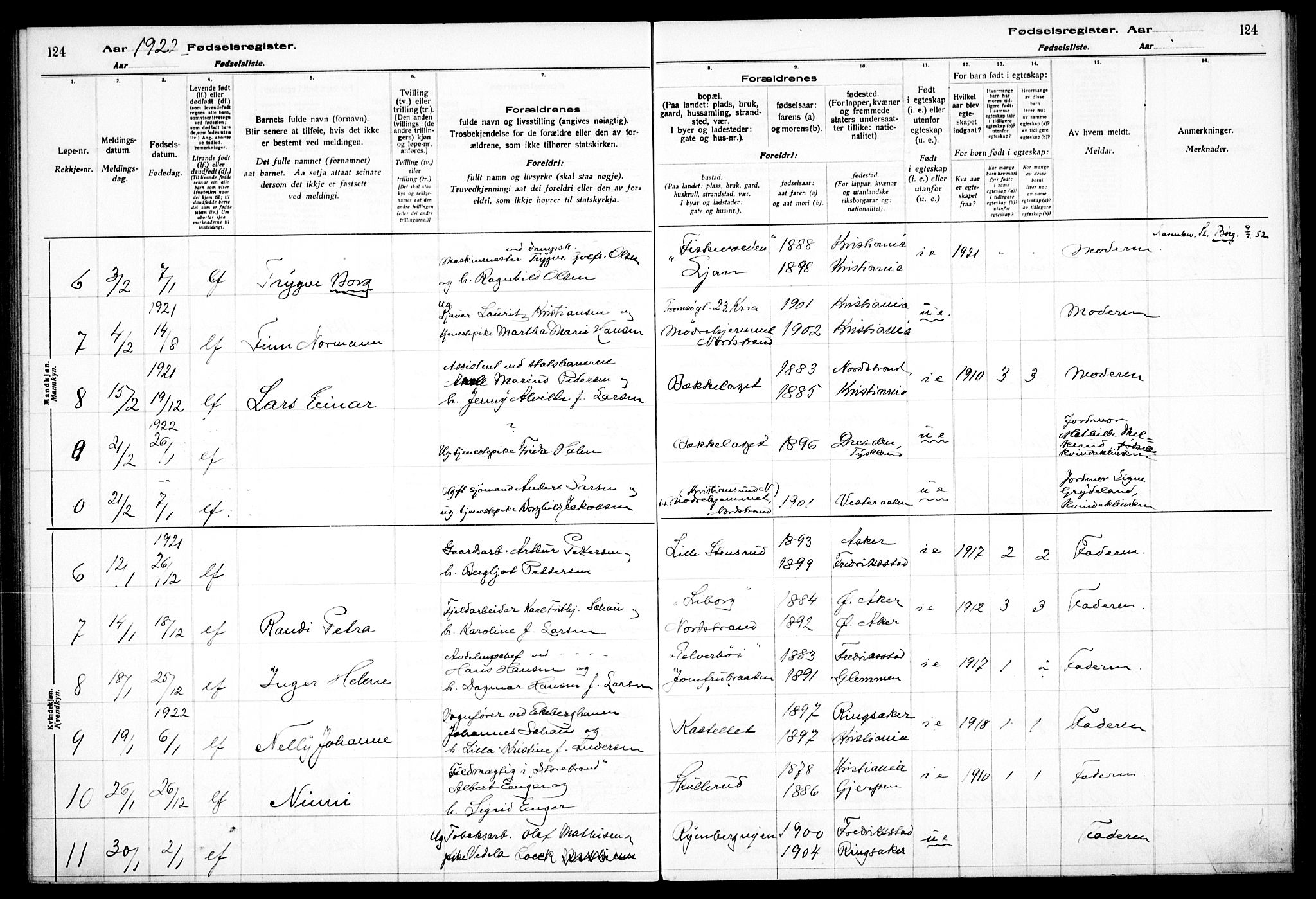 Nordstrand prestekontor Kirkebøker, AV/SAO-A-10362a/J/Ja/L0001: Birth register no. I 1, 1916-1924, p. 124