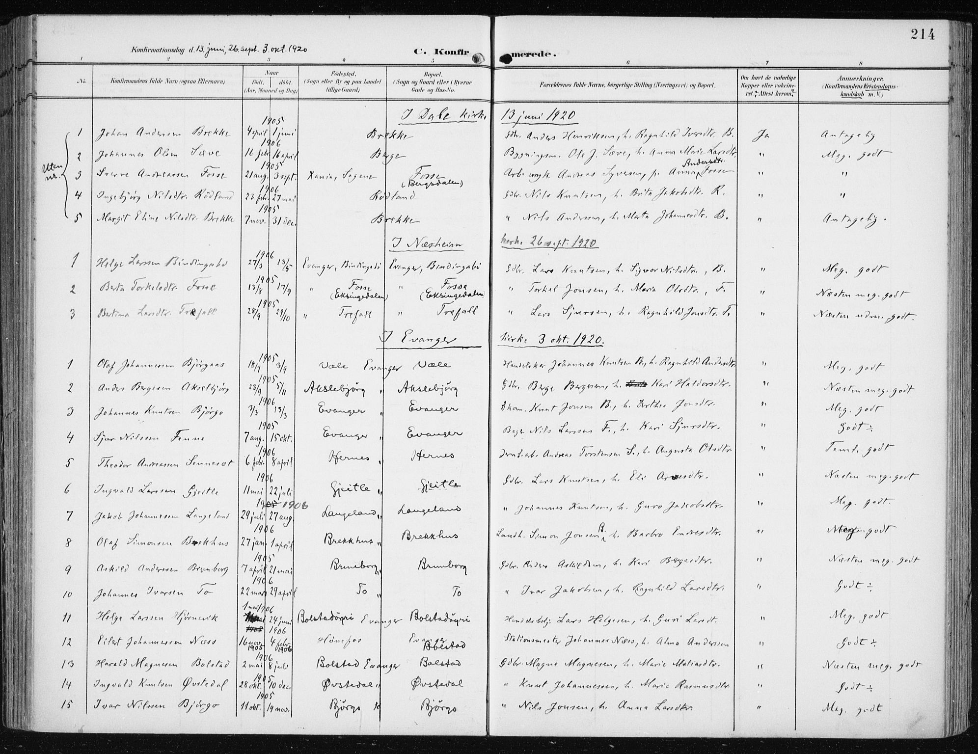 Evanger sokneprestembete, SAB/A-99924: Parish register (official) no. A  3, 1900-1930, p. 214