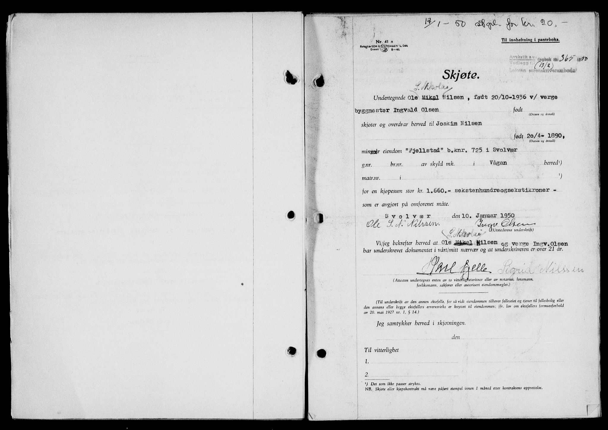 Lofoten sorenskriveri, SAT/A-0017/1/2/2C/L0023a: Mortgage book no. 23a, 1950-1950, Diary no: : 365/1950