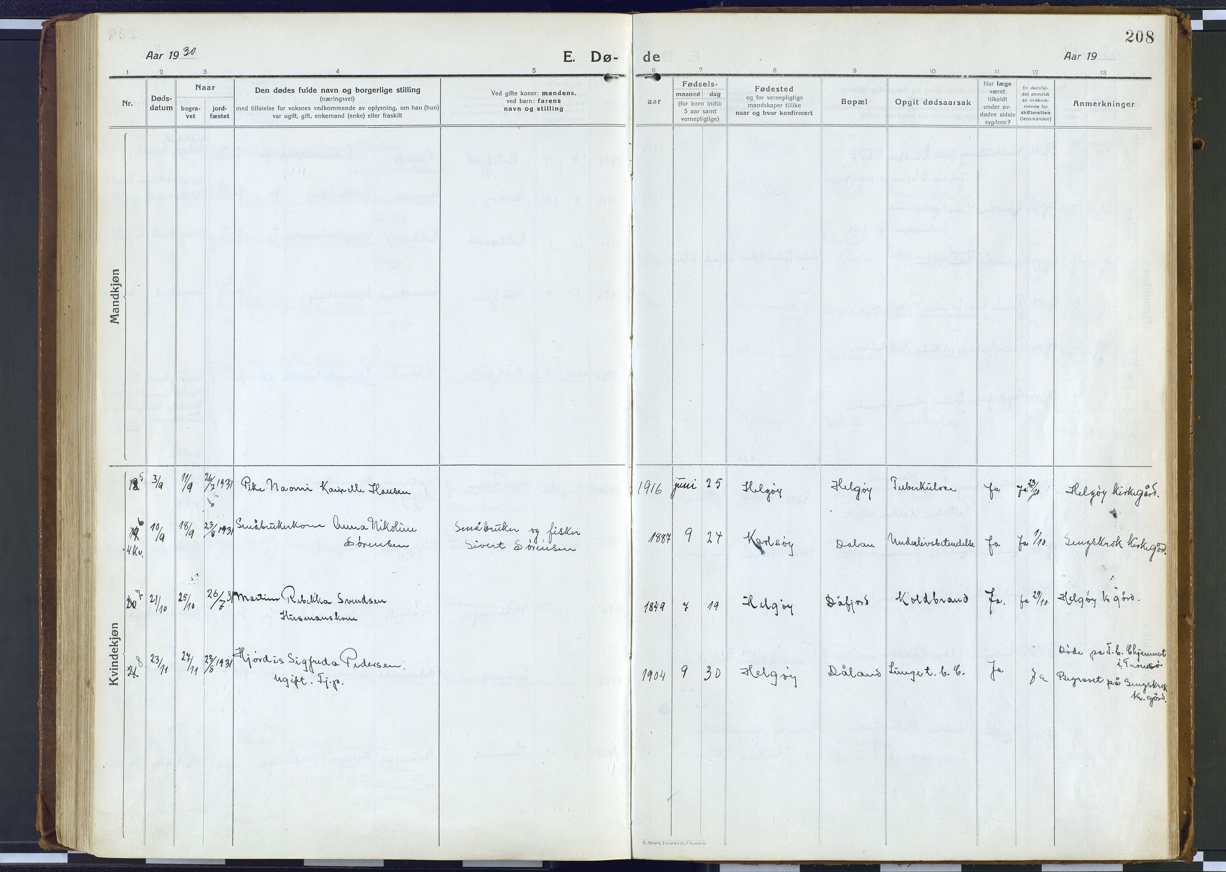 Karlsøy sokneprestembete, AV/SATØ-S-1299/H/Ha/Haa/L0016kirke: Parish register (official) no. 16, 1916-1934, p. 208