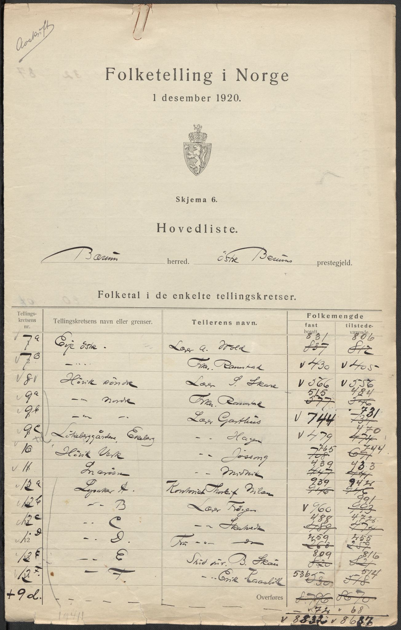 SAO, 1920 census for Bærum, 1920, p. 3