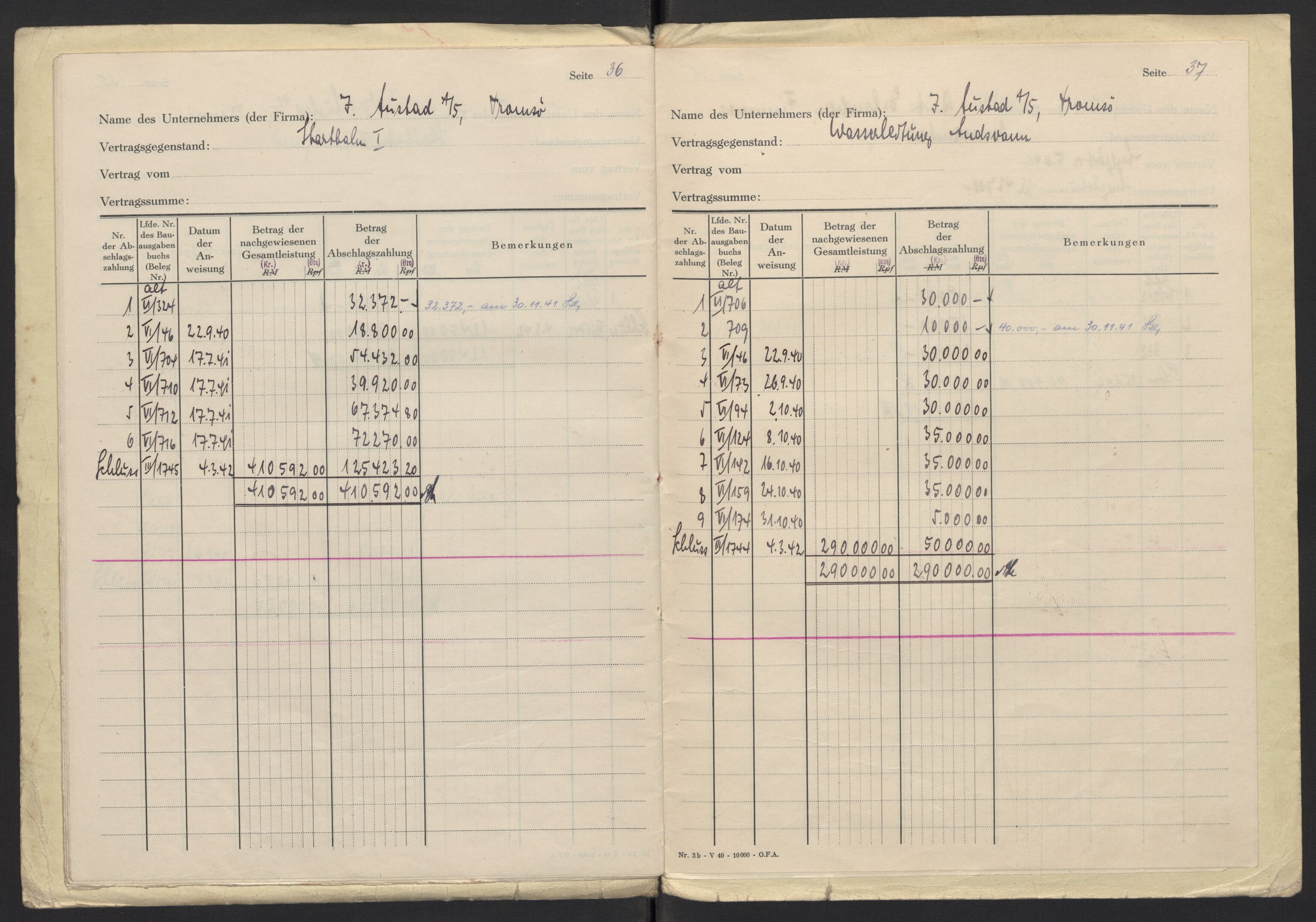 Tyske arkiver, Organisation Todt (OT), Einsatzgruppe Wiking, AV/RA-RAFA-2188/2/F/Fg/Fgb/L0005: Bltg. L.W. Bardufoss: Diverse regnskapsbøker, 1940