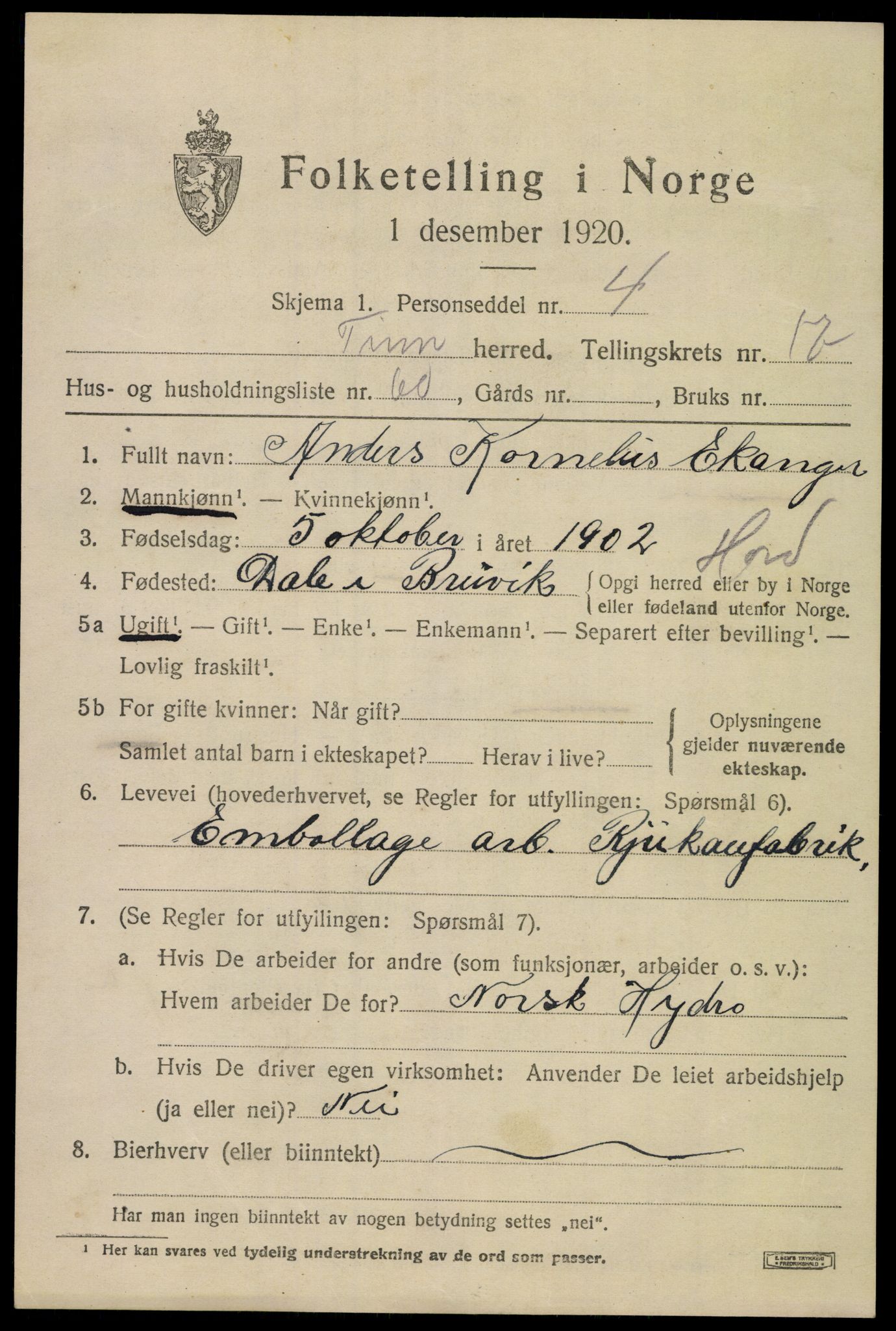 SAKO, 1920 census for Tinn, 1920, p. 20118