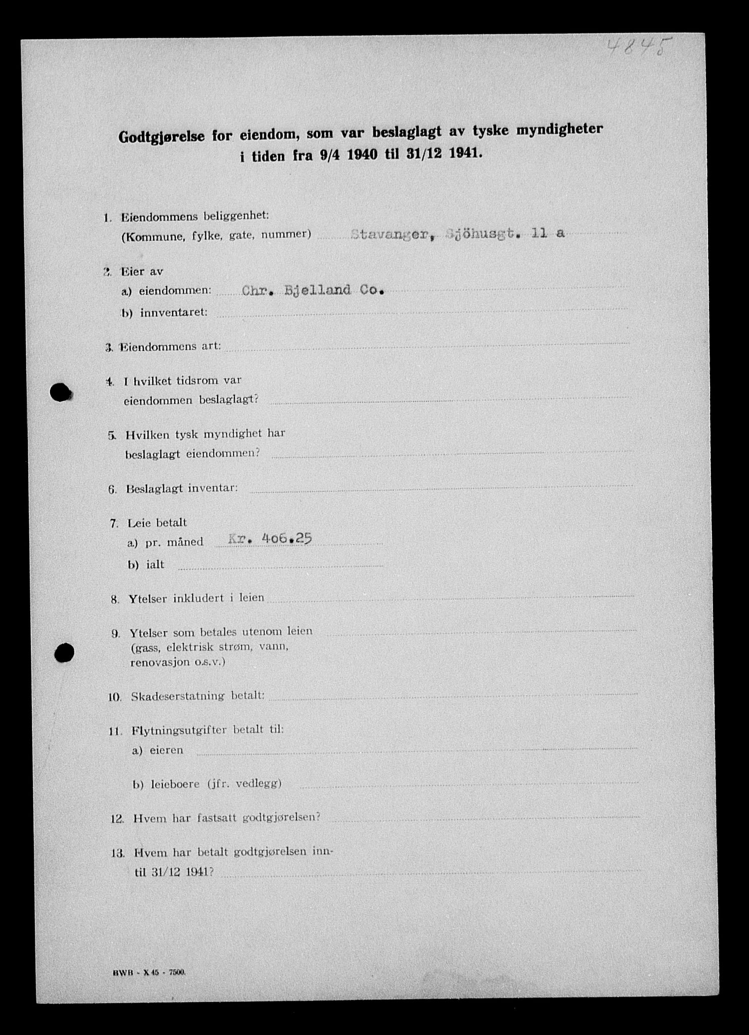 Justisdepartementet, Tilbakeføringskontoret for inndratte formuer, AV/RA-S-1564/I/L1014: Godtgjørelse for beslaglagt eiendom, 1940-1941, p. 15