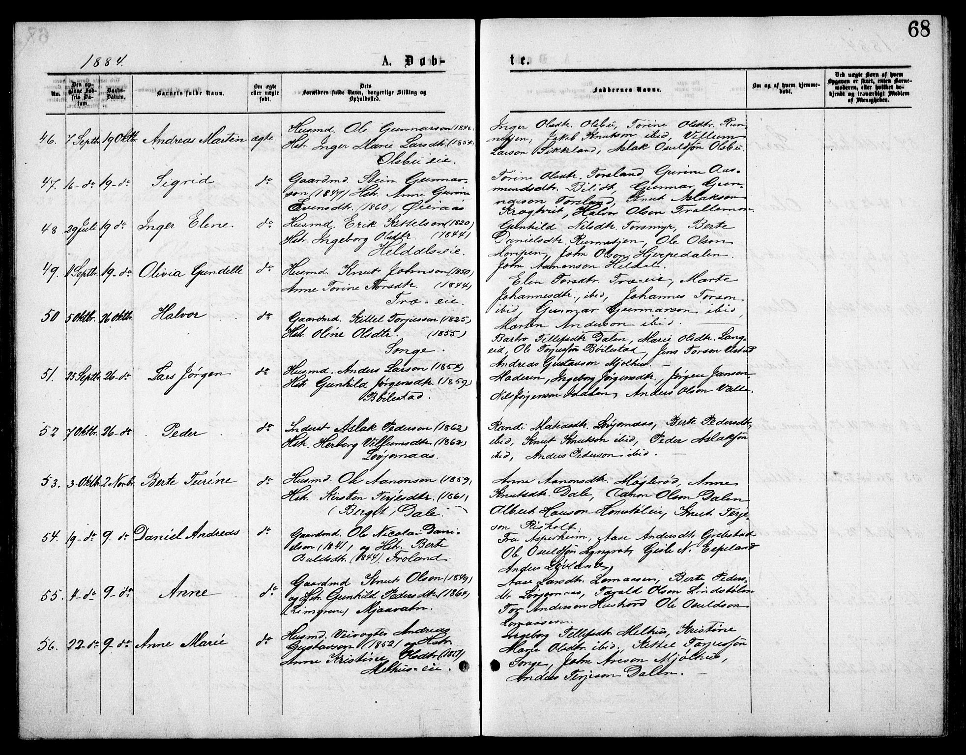 Froland sokneprestkontor, AV/SAK-1111-0013/F/Fb/L0009: Parish register (copy) no. B 9, 1875-1893, p. 68