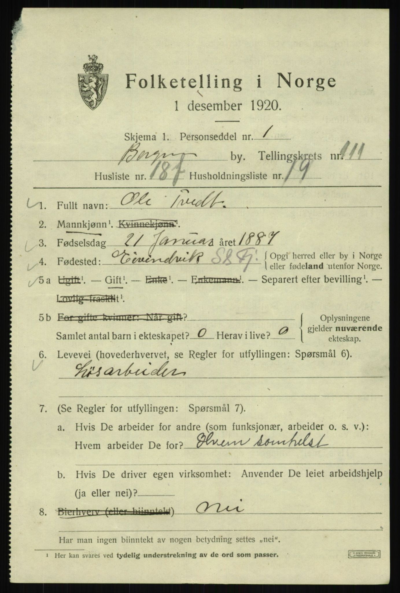 SAB, 1920 census for Bergen, 1920, p. 191759