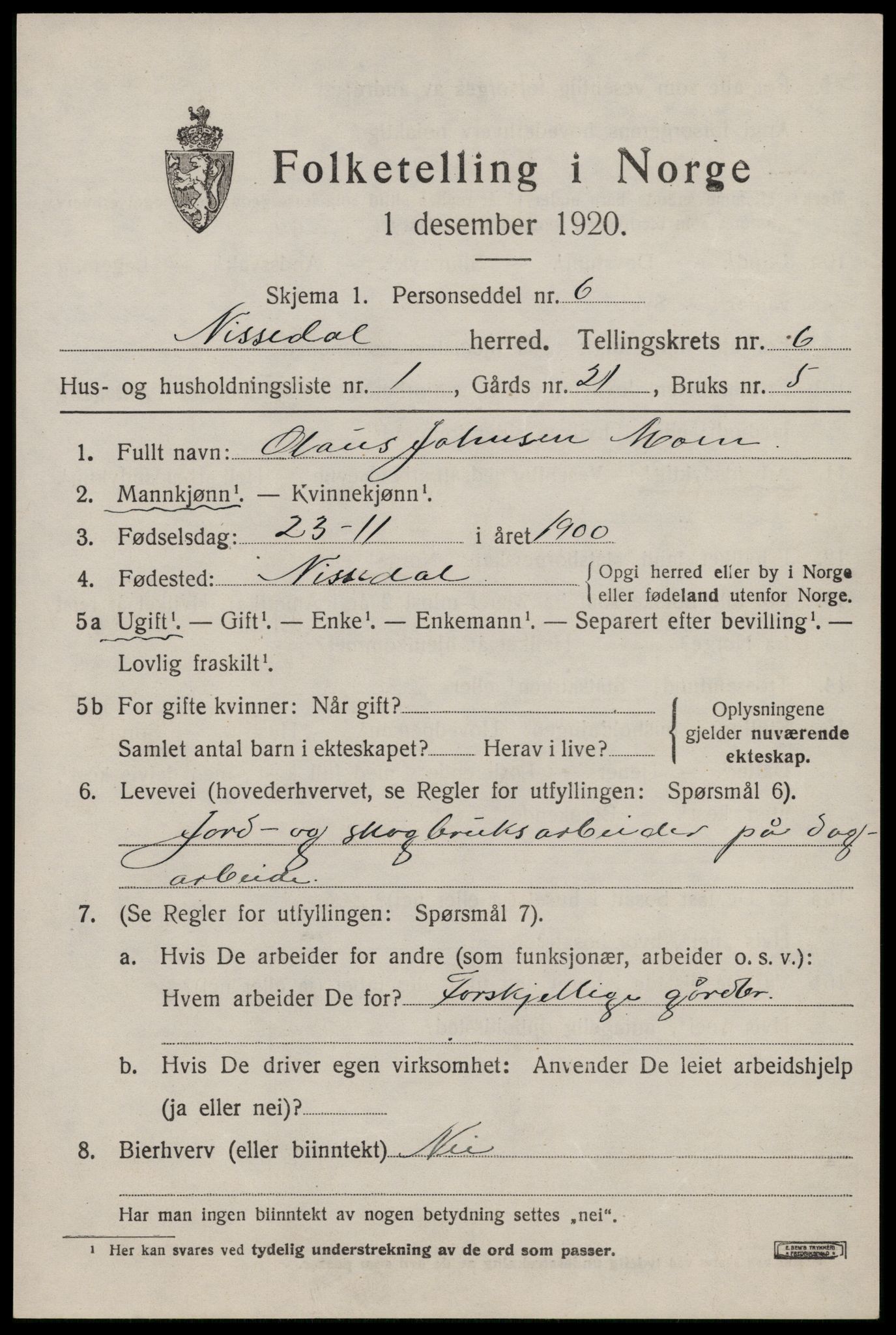SAKO, 1920 census for Nissedal, 1920, p. 2281