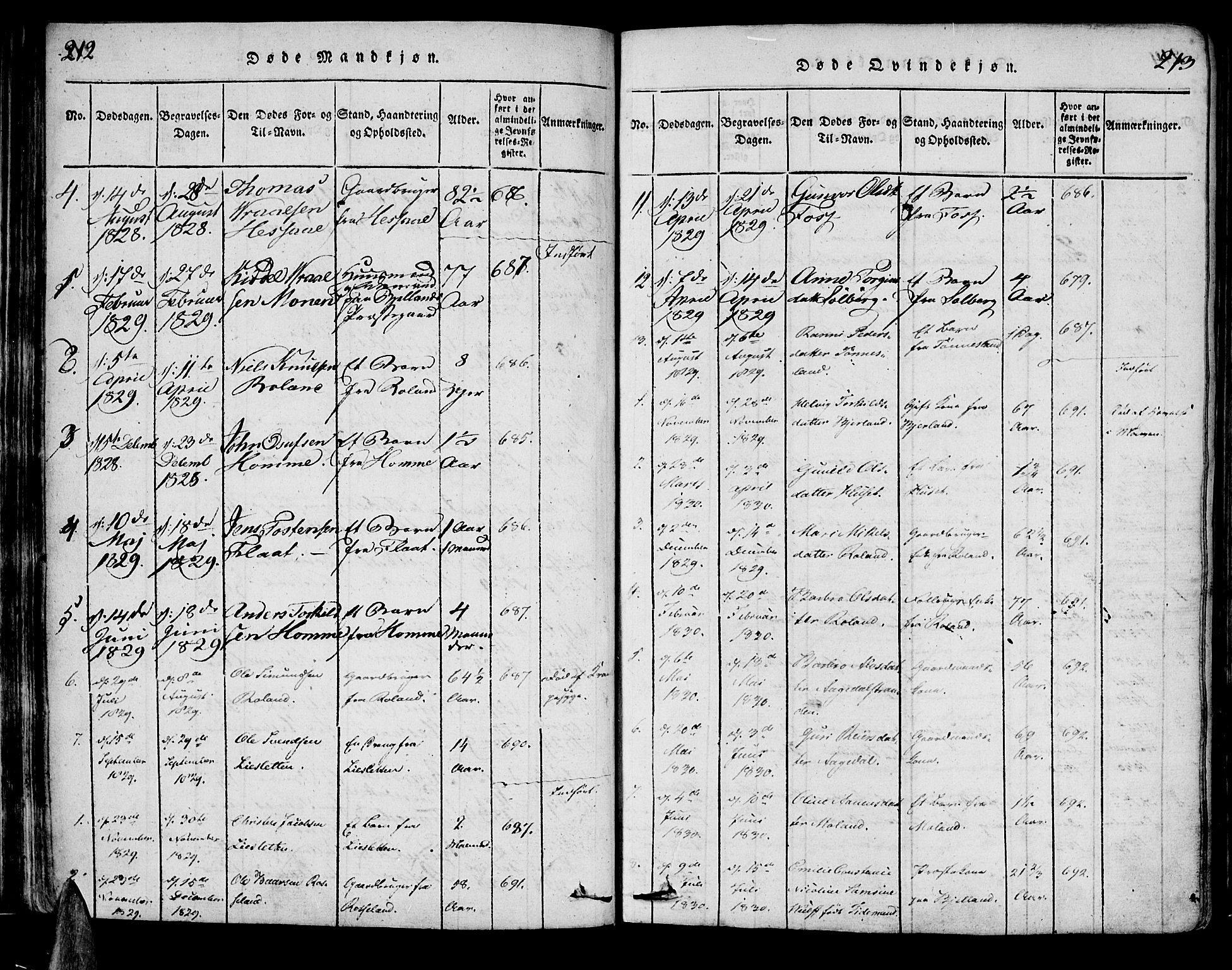 Bjelland sokneprestkontor, AV/SAK-1111-0005/F/Fa/Faa/L0002: Parish register (official) no. A 2, 1816-1866, p. 212-213