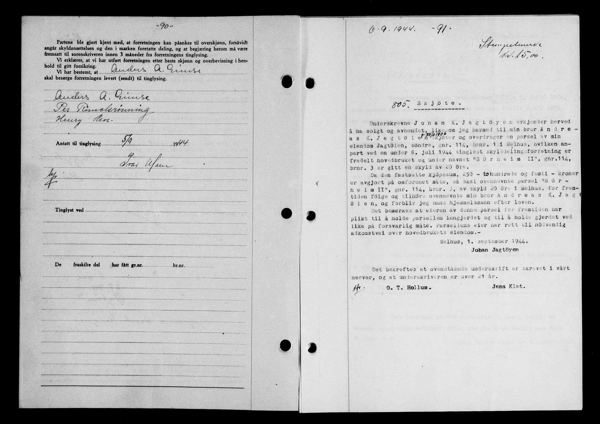 Gauldal sorenskriveri, SAT/A-0014/1/2/2C/L0058: Mortgage book no. 63, 1944-1945, Diary no: : 805/1944