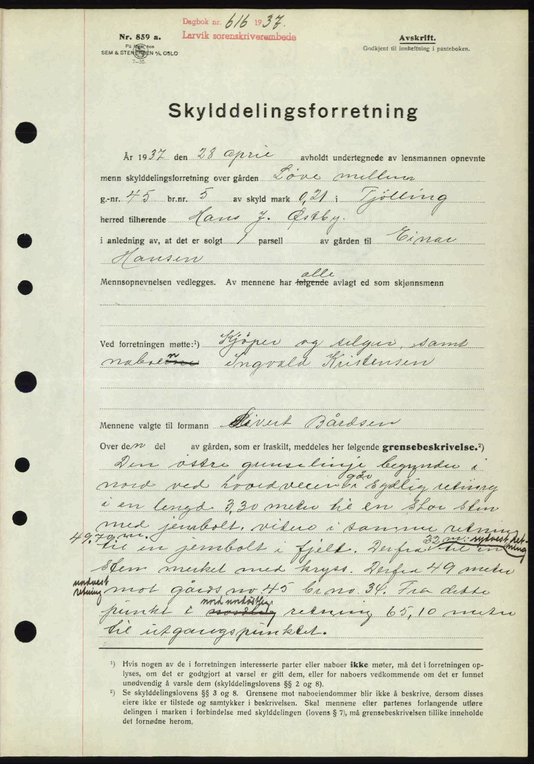 Larvik sorenskriveri, SAKO/A-83/G/Ga/Gab/L0067: Mortgage book no. A-1, 1936-1937, Diary no: : 616/1937