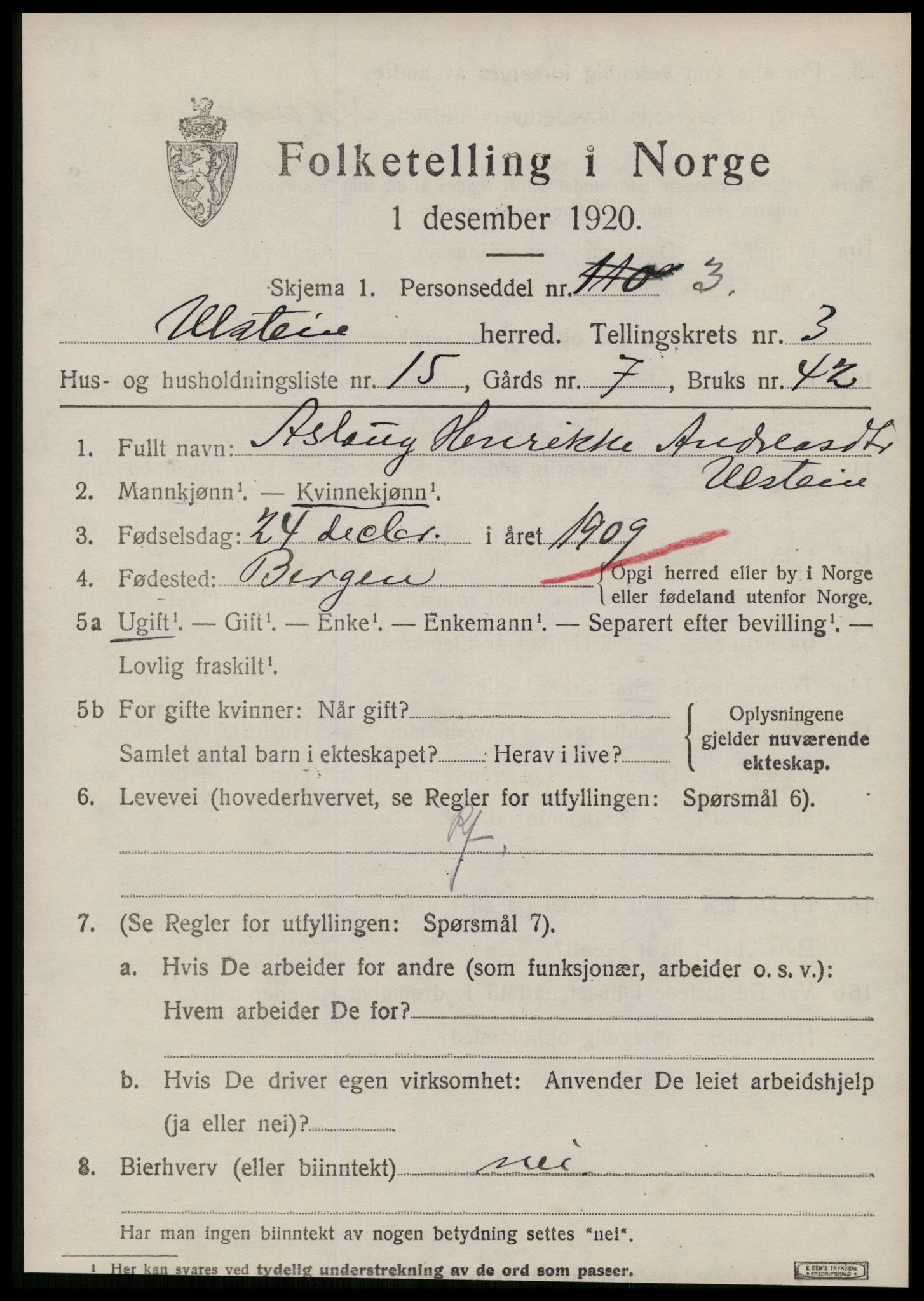 SAT, 1920 census for Ulstein, 1920, p. 1840