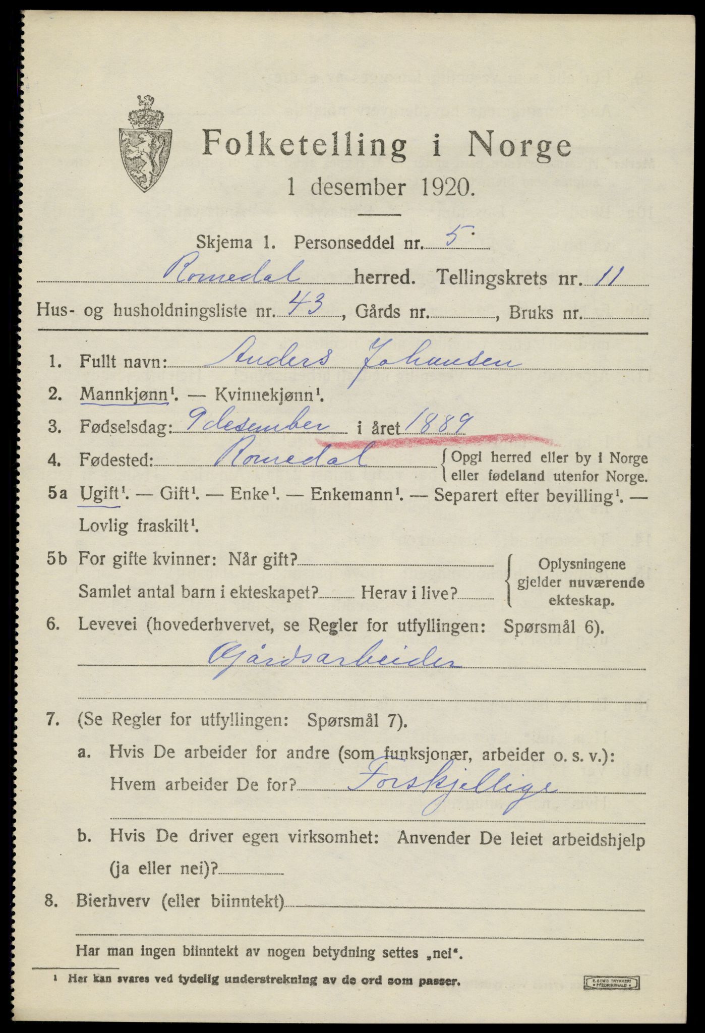 SAH, 1920 census for Romedal, 1920, p. 12589